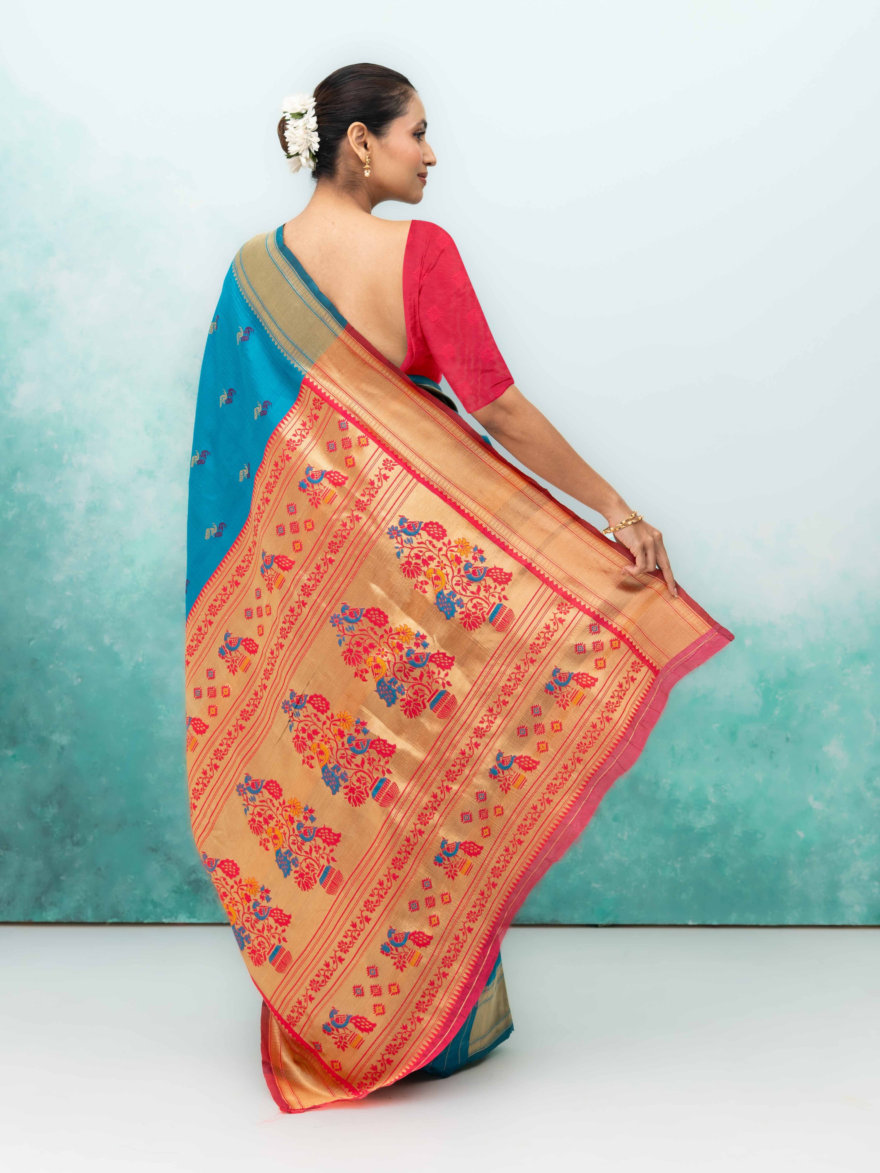 Sky Blue & Pink Paithani Silk Saree