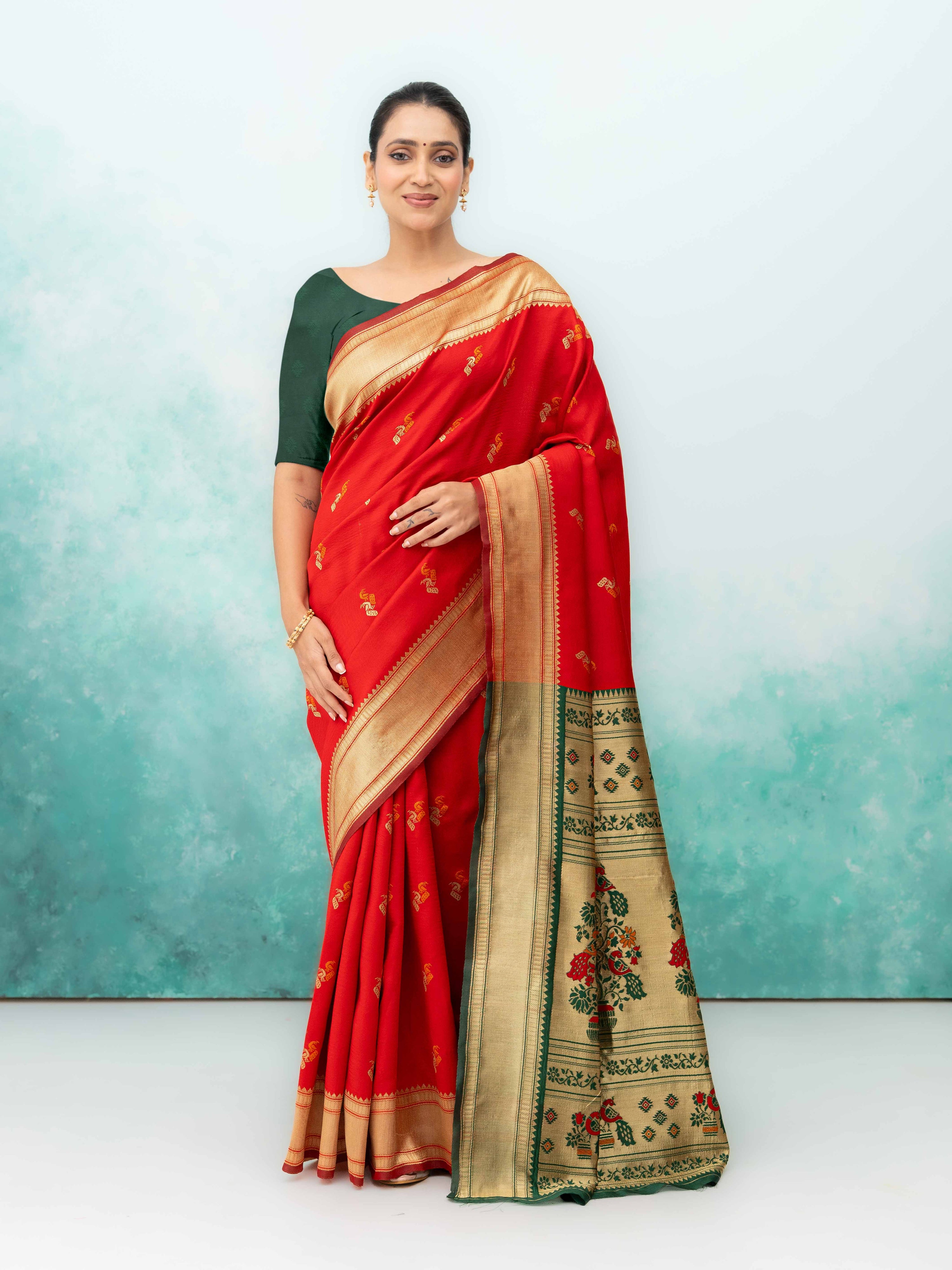 Red & Green Paithani Silk Saree
