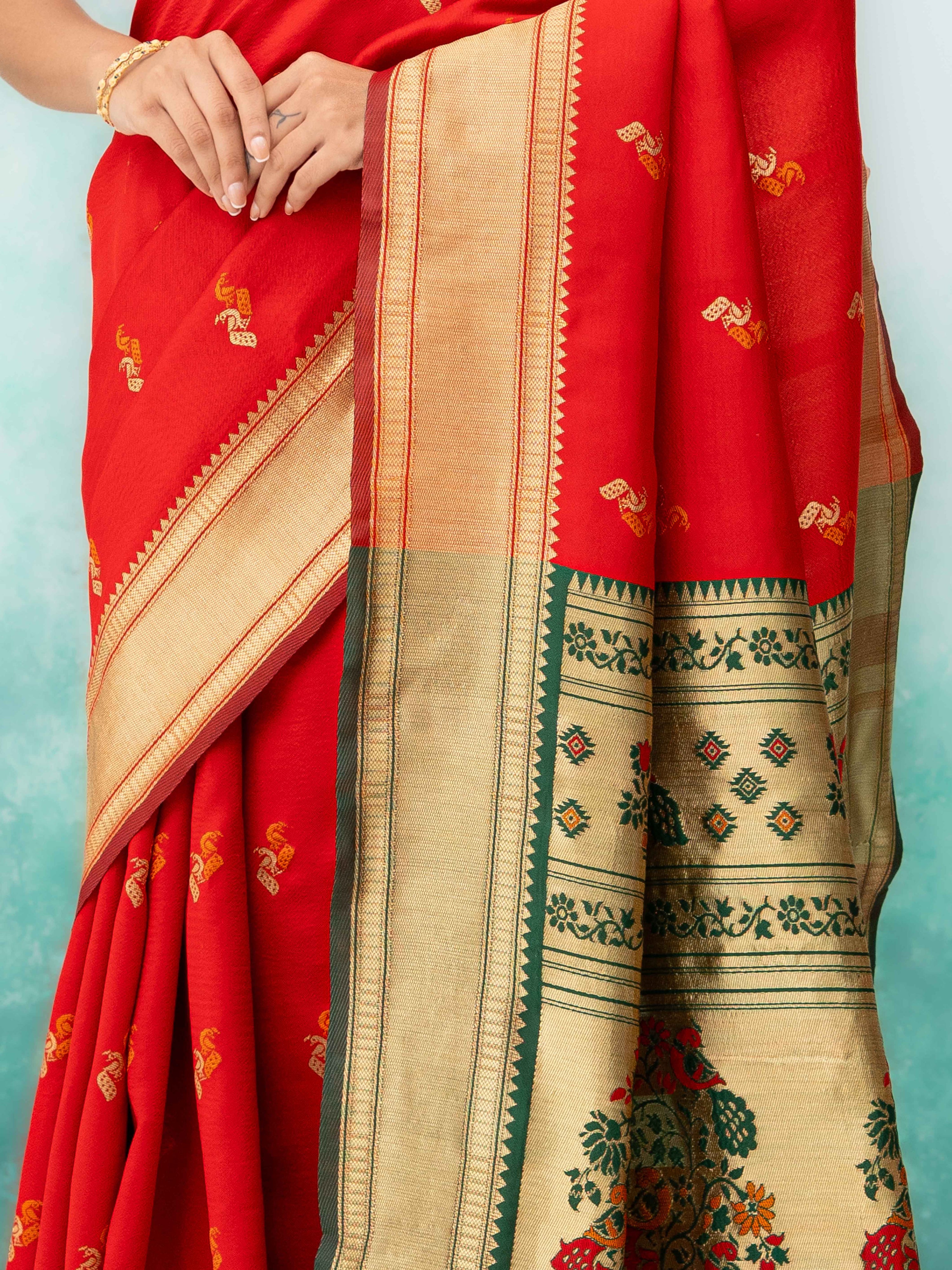 Red & Green Paithani Silk Saree