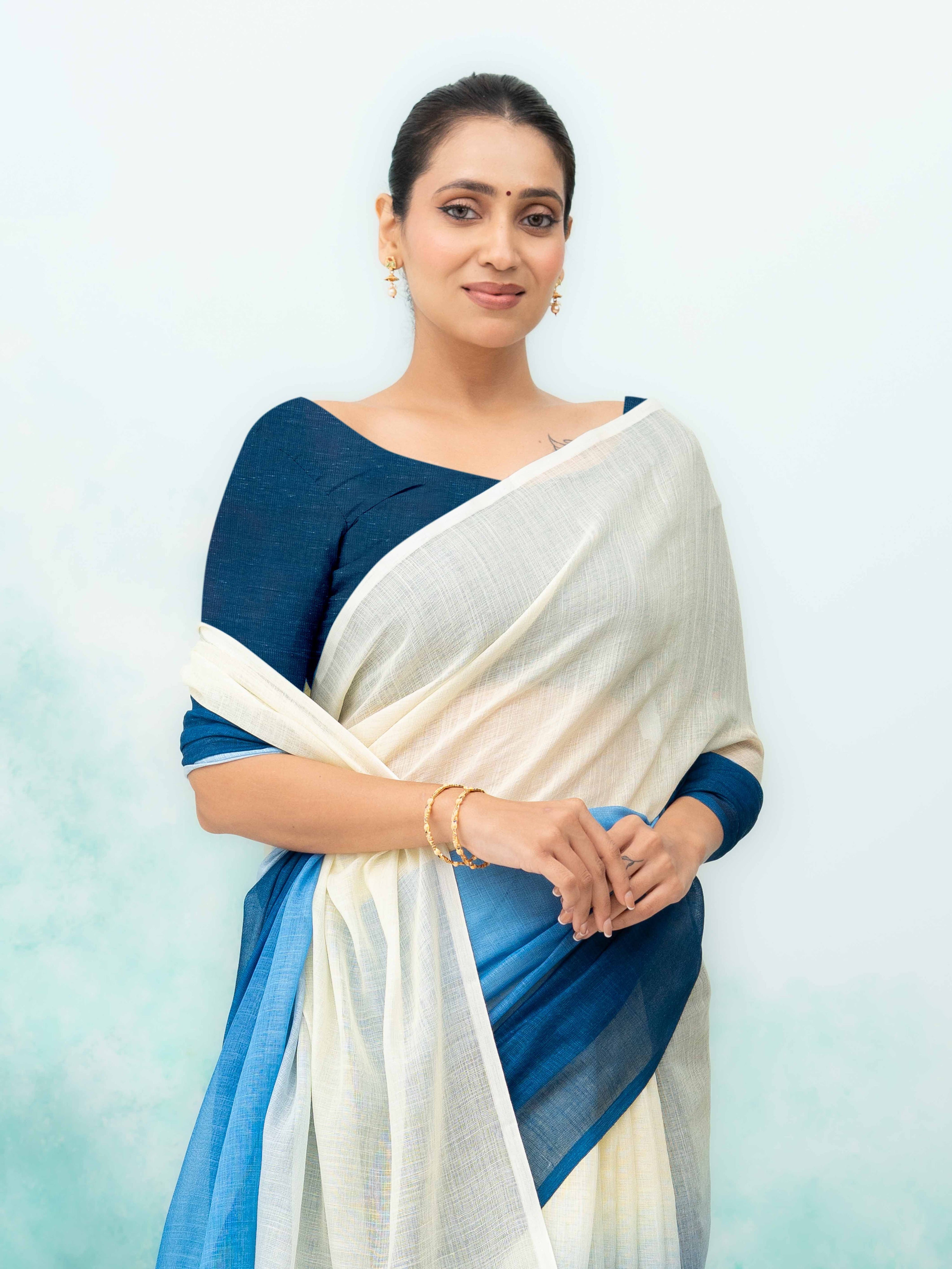 Navy Blue Cotton Linen Saree