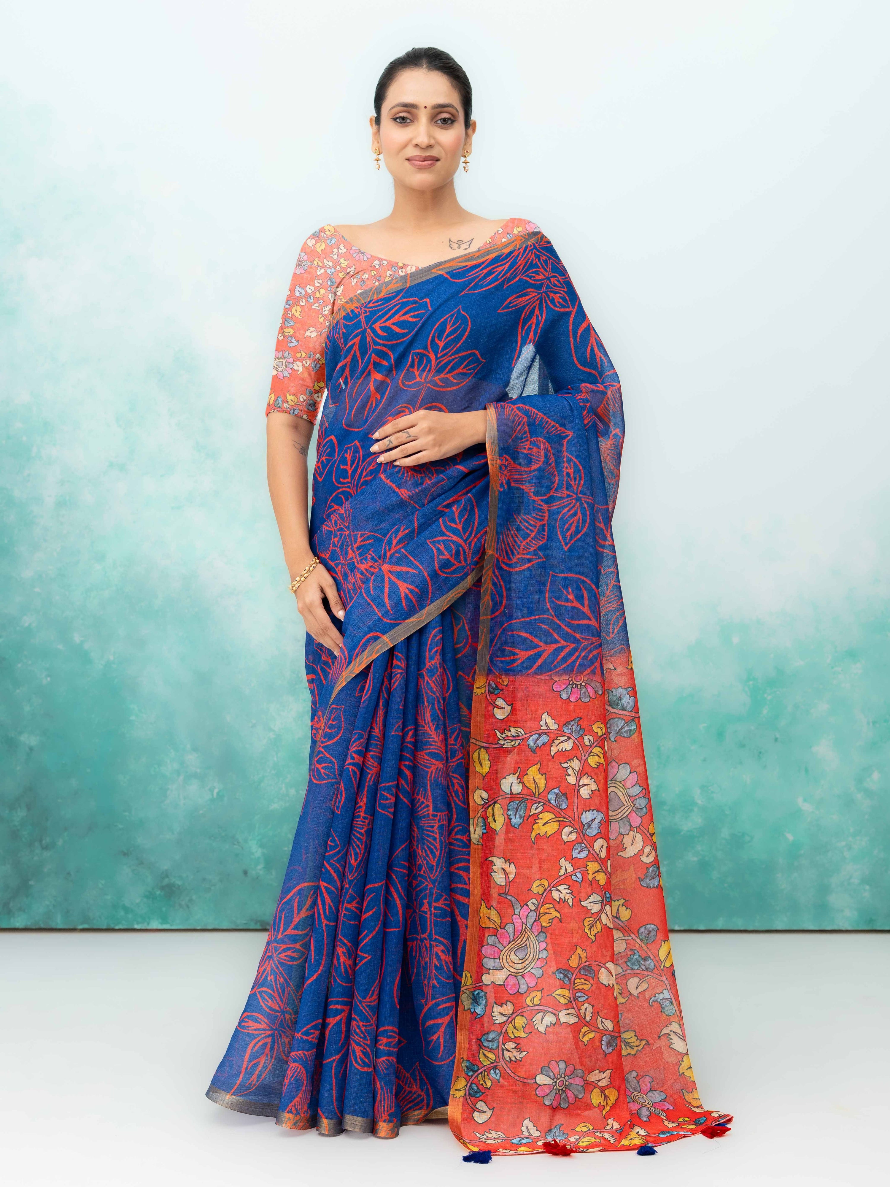 Blue Cotton Linen Saree