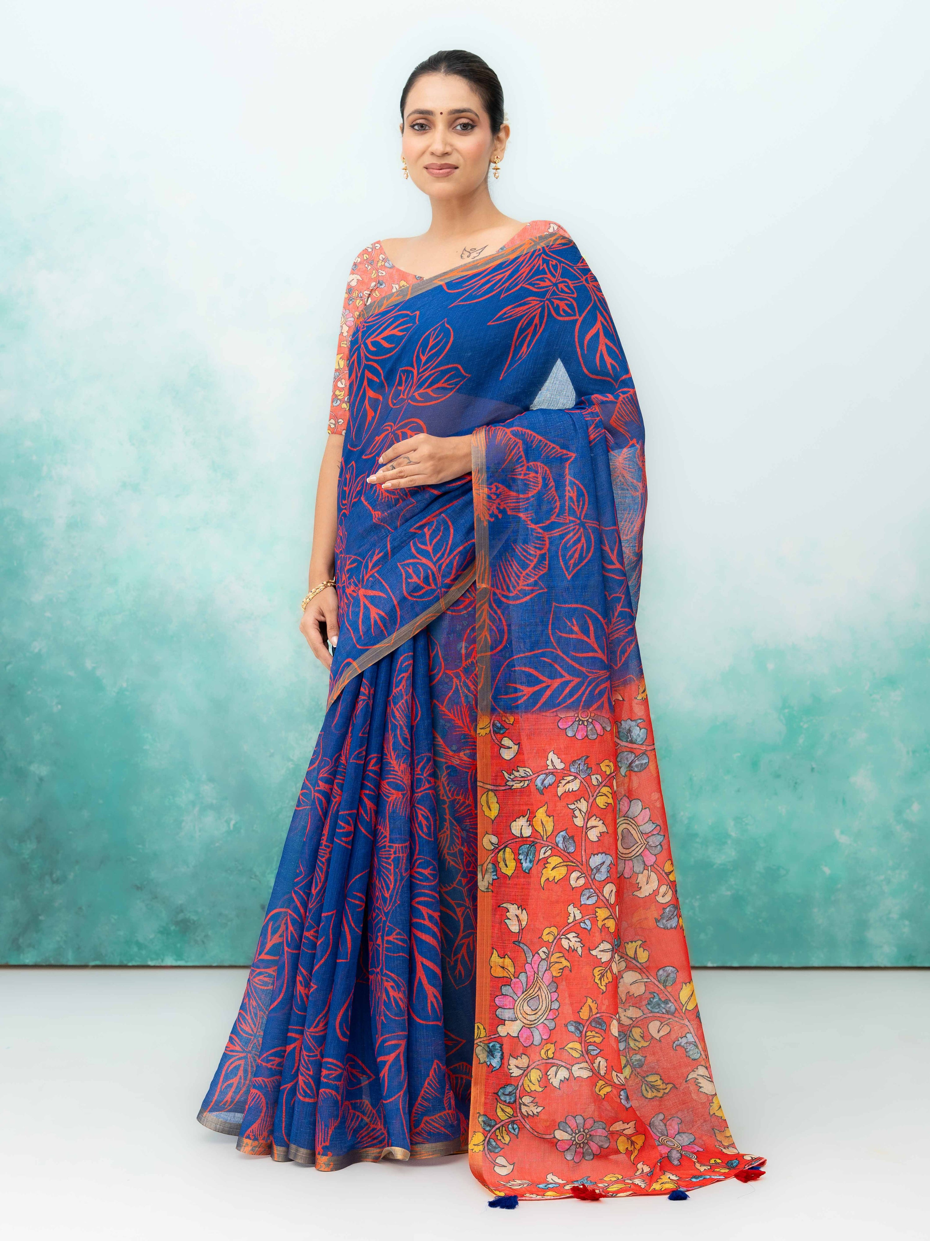 Blue Cotton Linen Saree