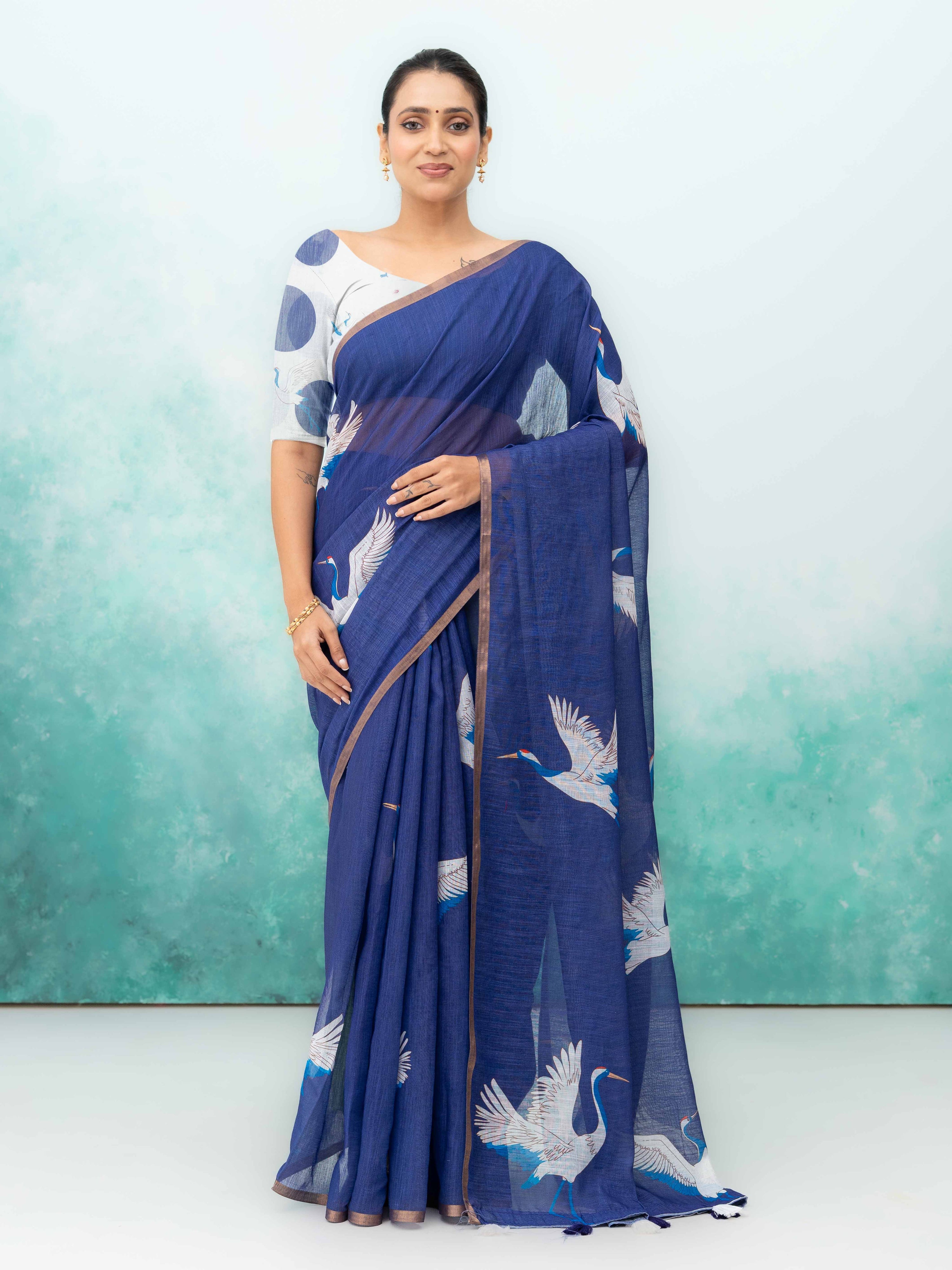 Royal Blue Cotton Linen Saree