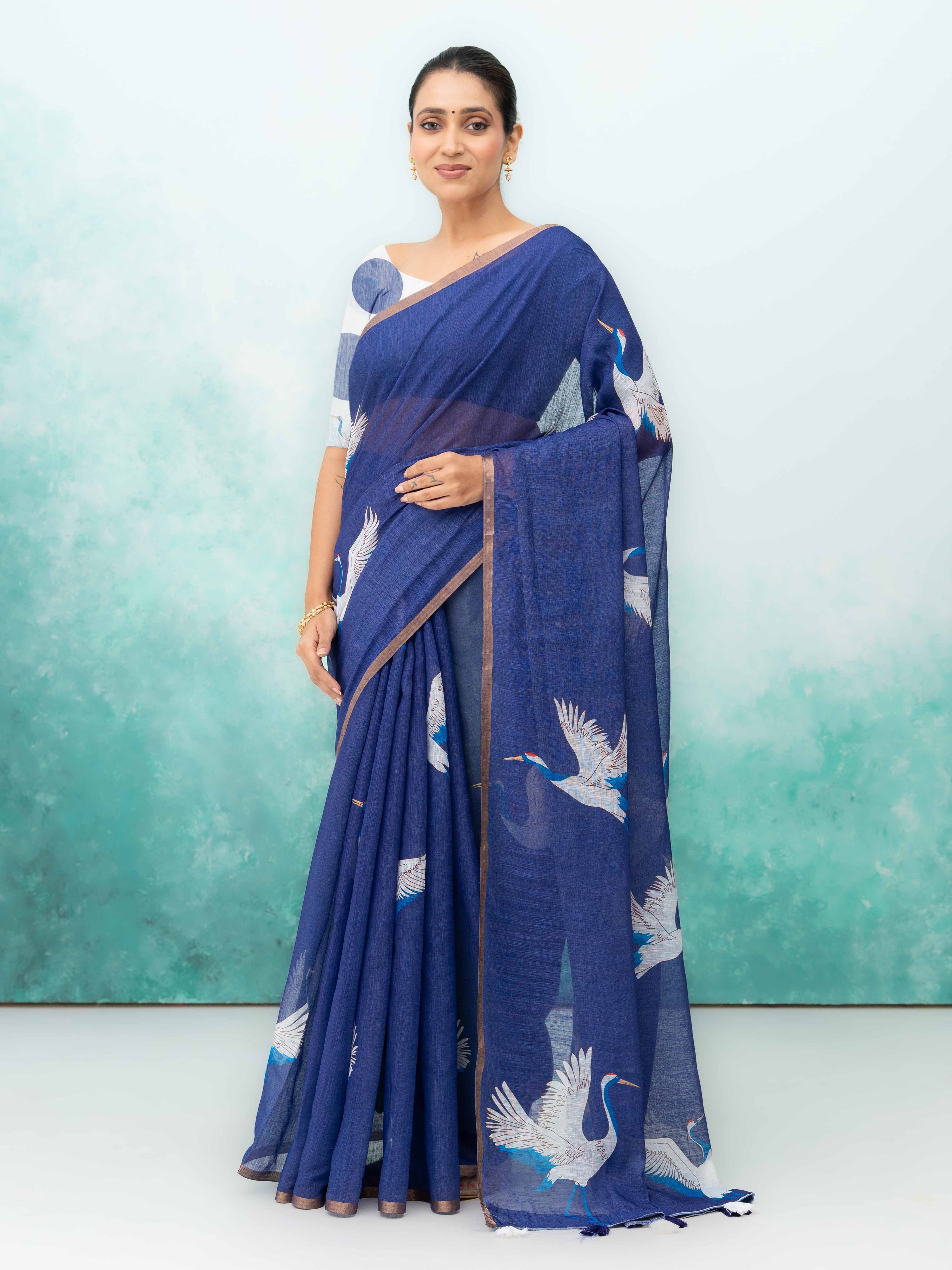 Royal Blue Cotton Linen Saree
