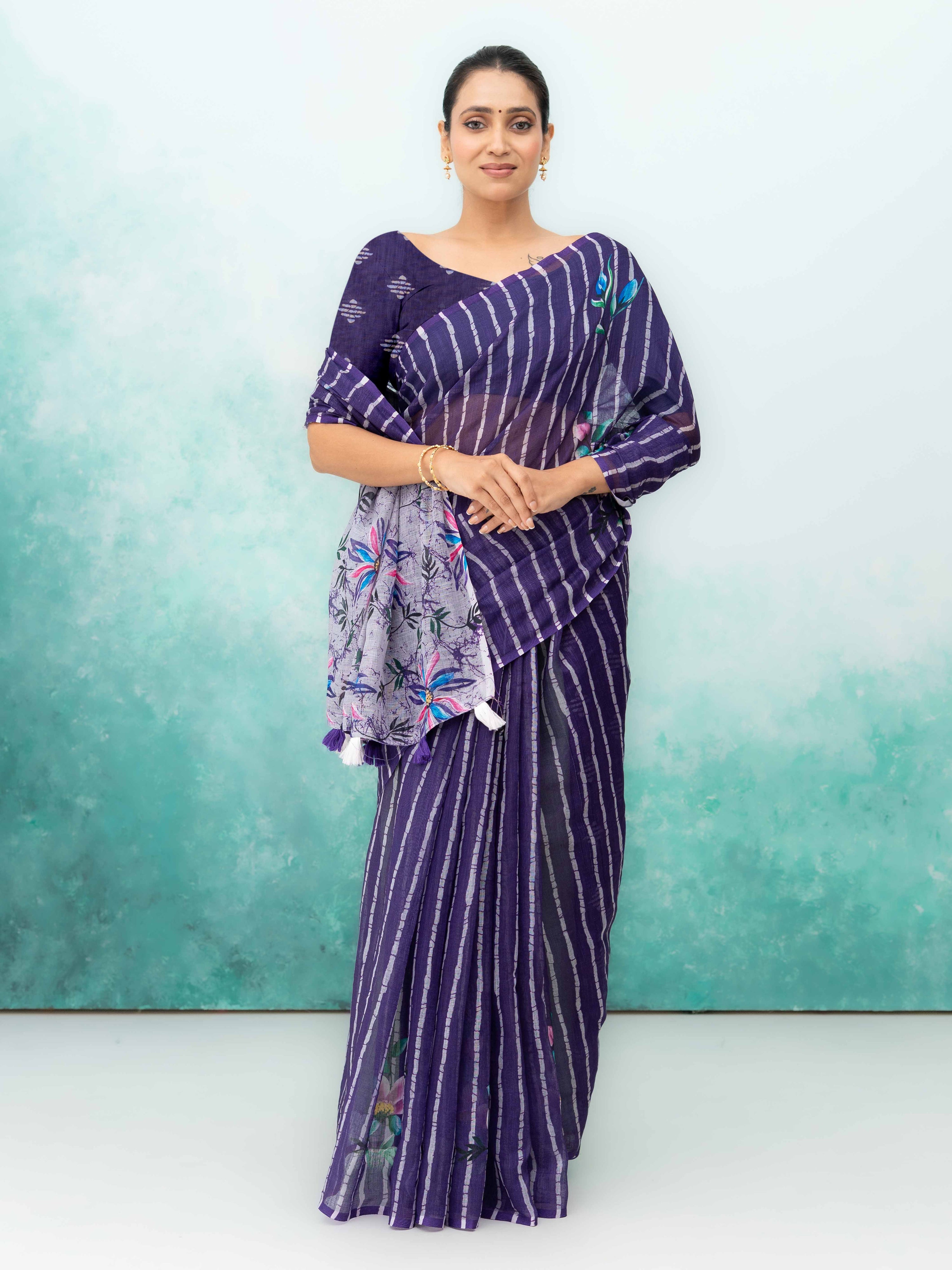 Navy Blue Cotton Linen Saree