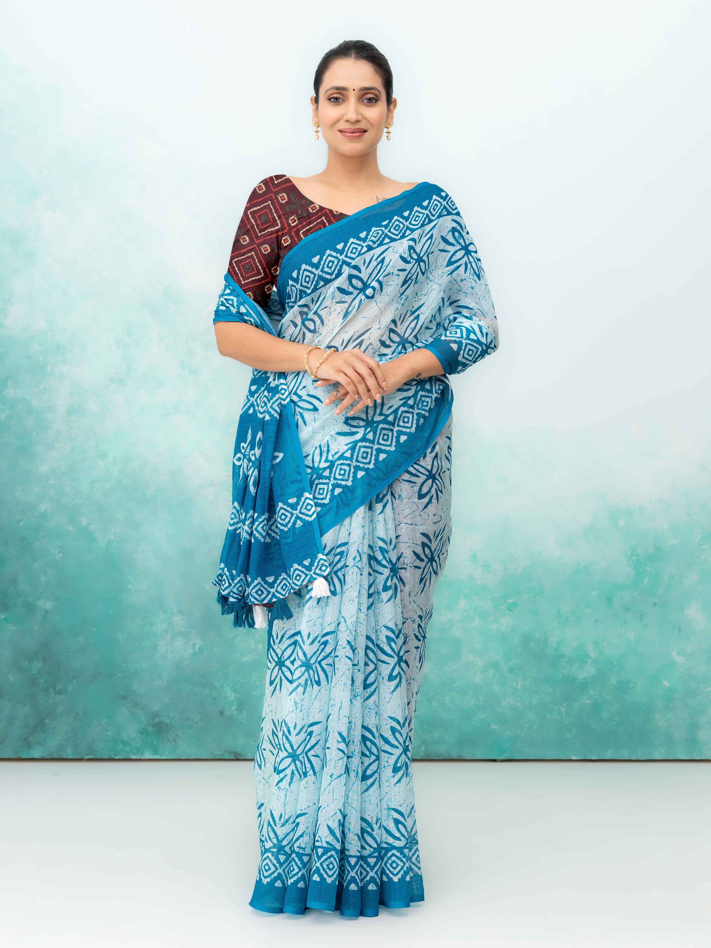 Blue Cotton Linen Saree