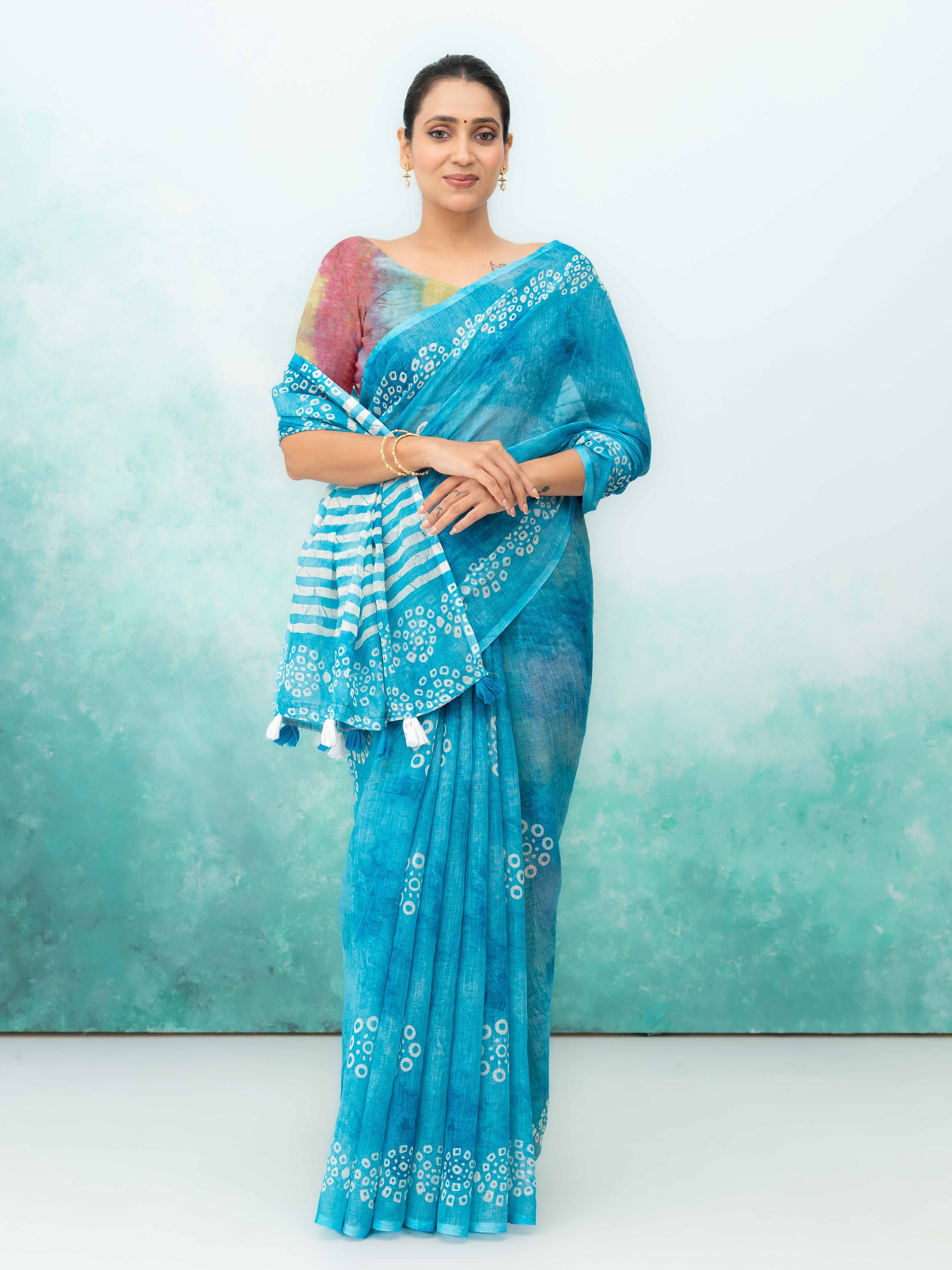 Blue Cotton Linen Saree