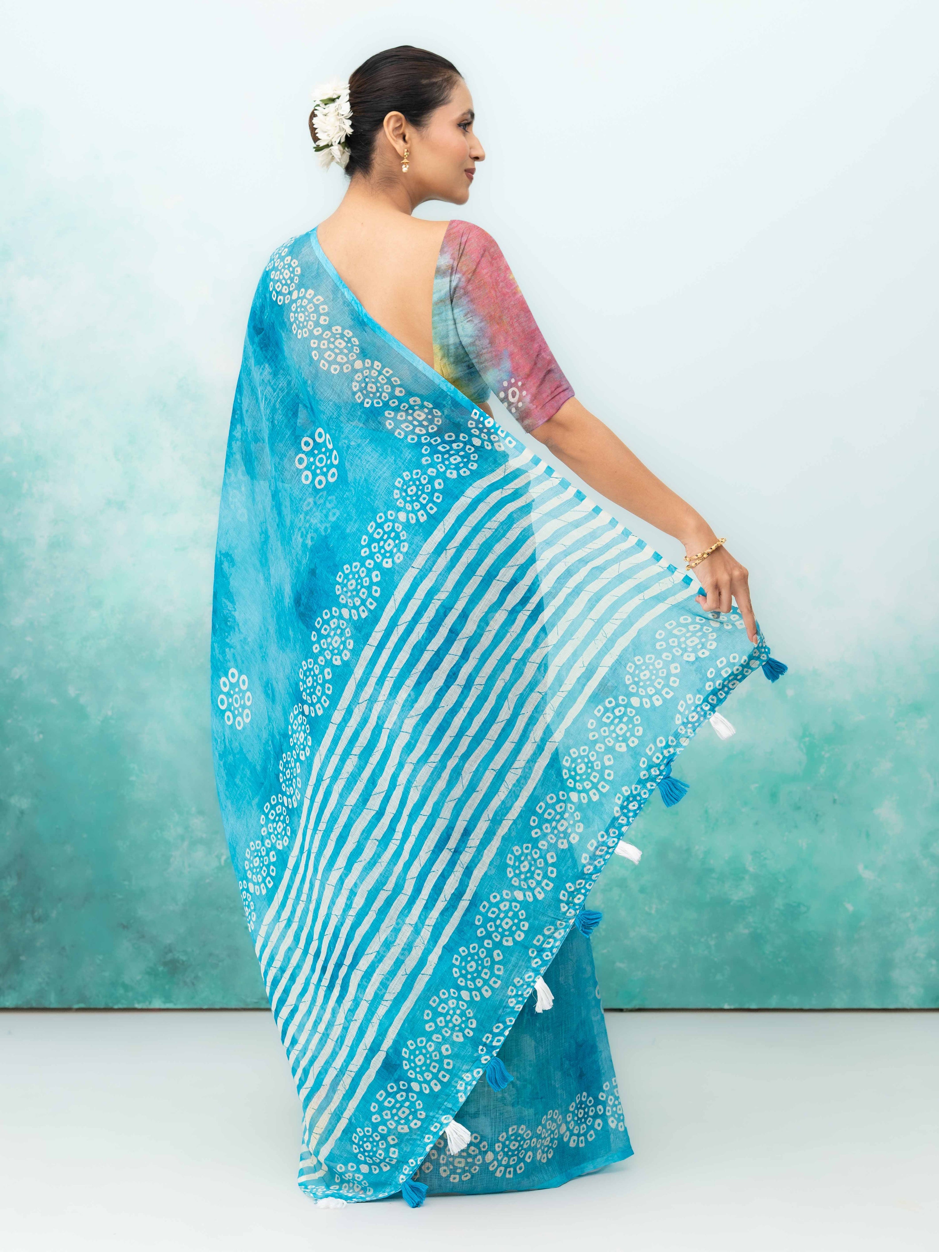 Blue Cotton Linen Saree