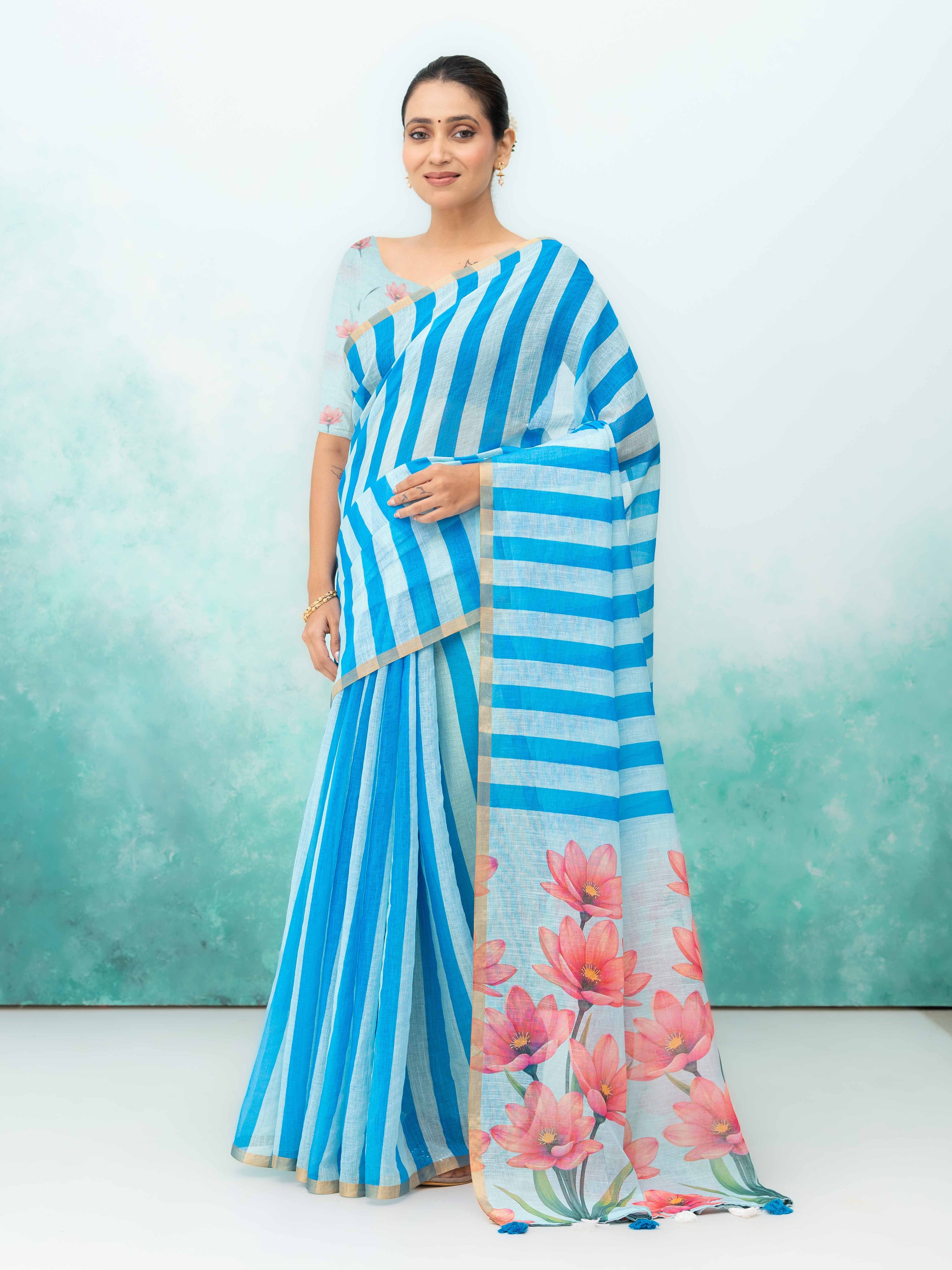 Blue Cotton Linen Saree