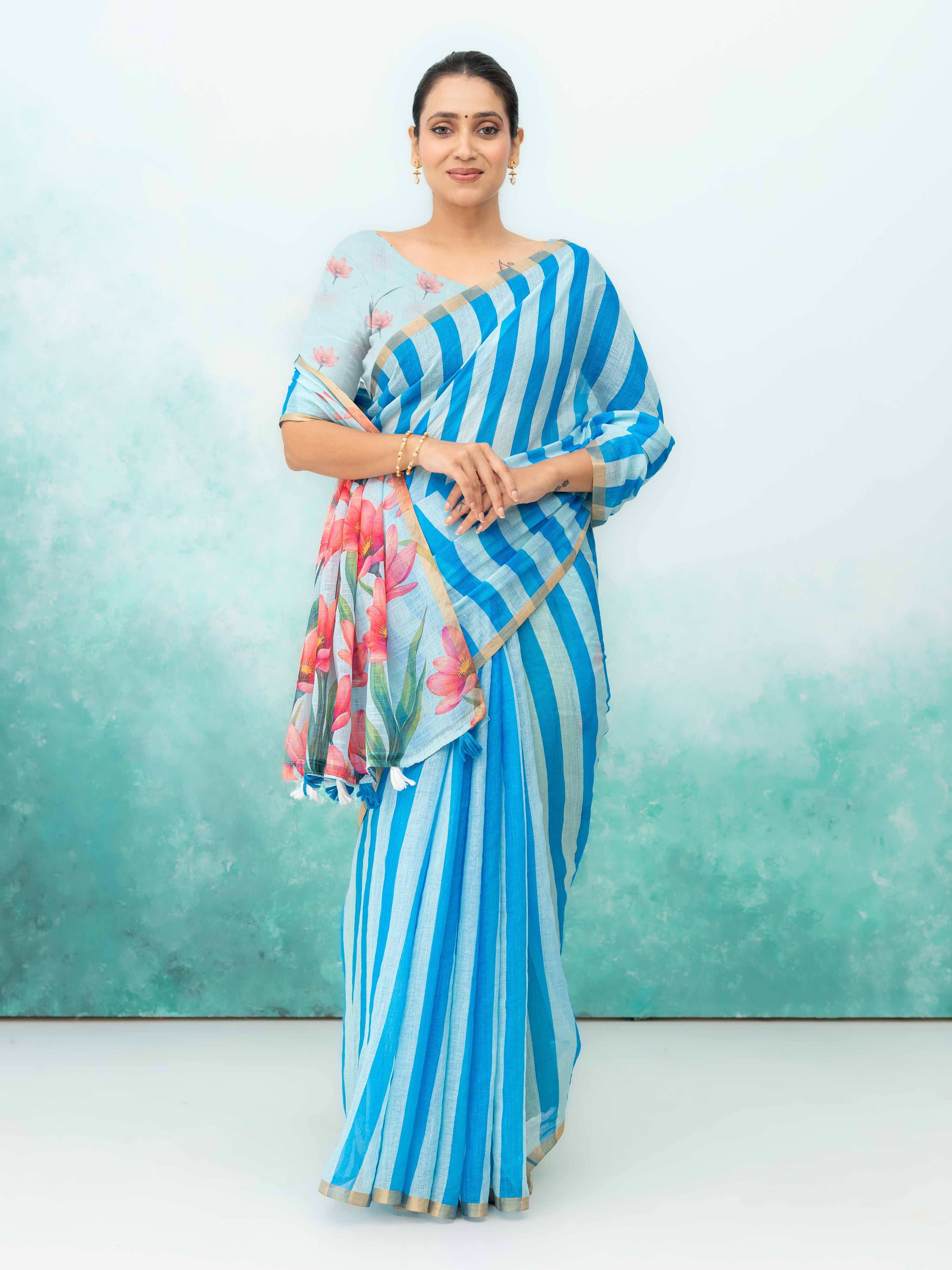 Blue Cotton Linen Saree