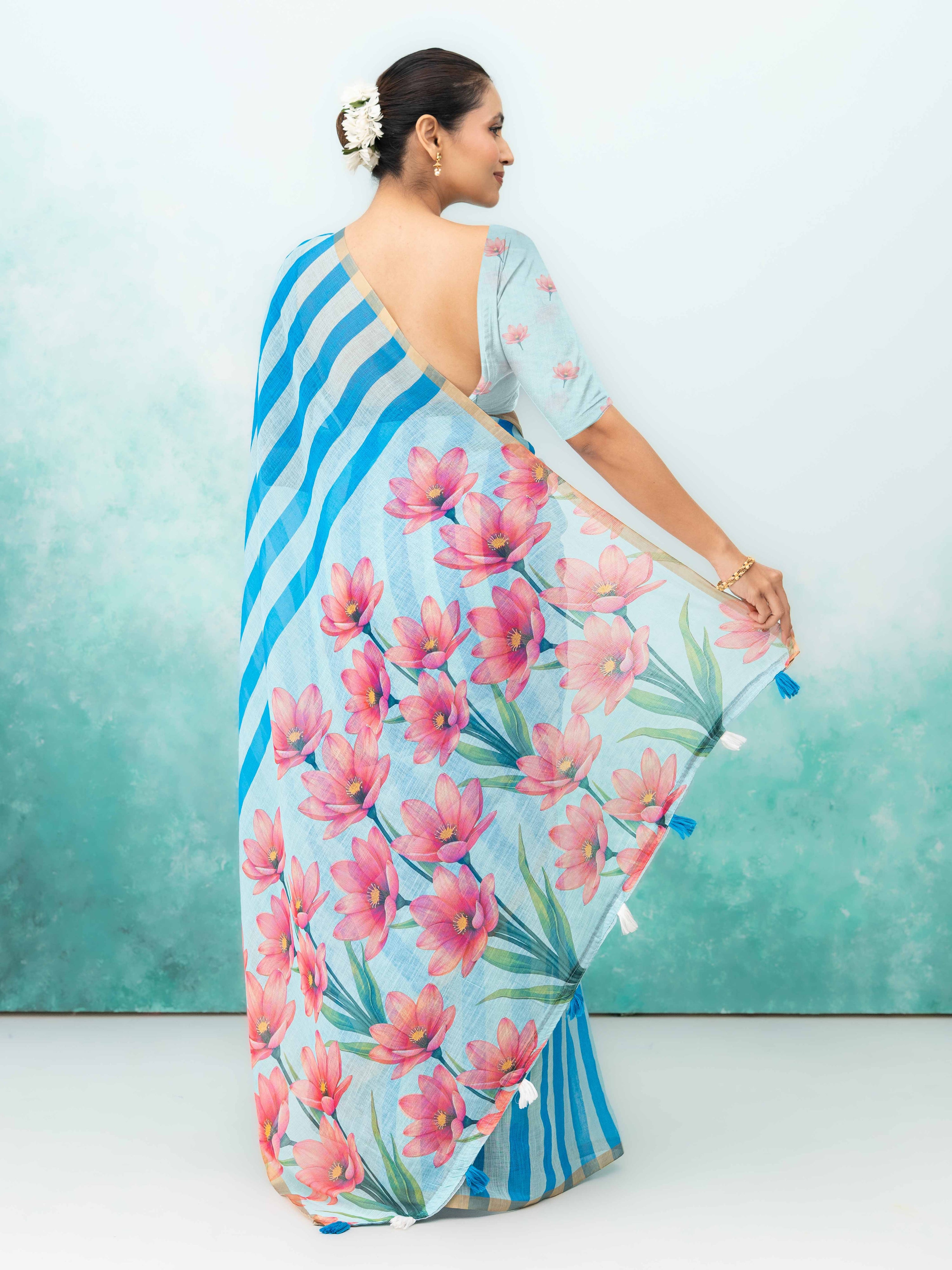 Blue Cotton Linen Saree
