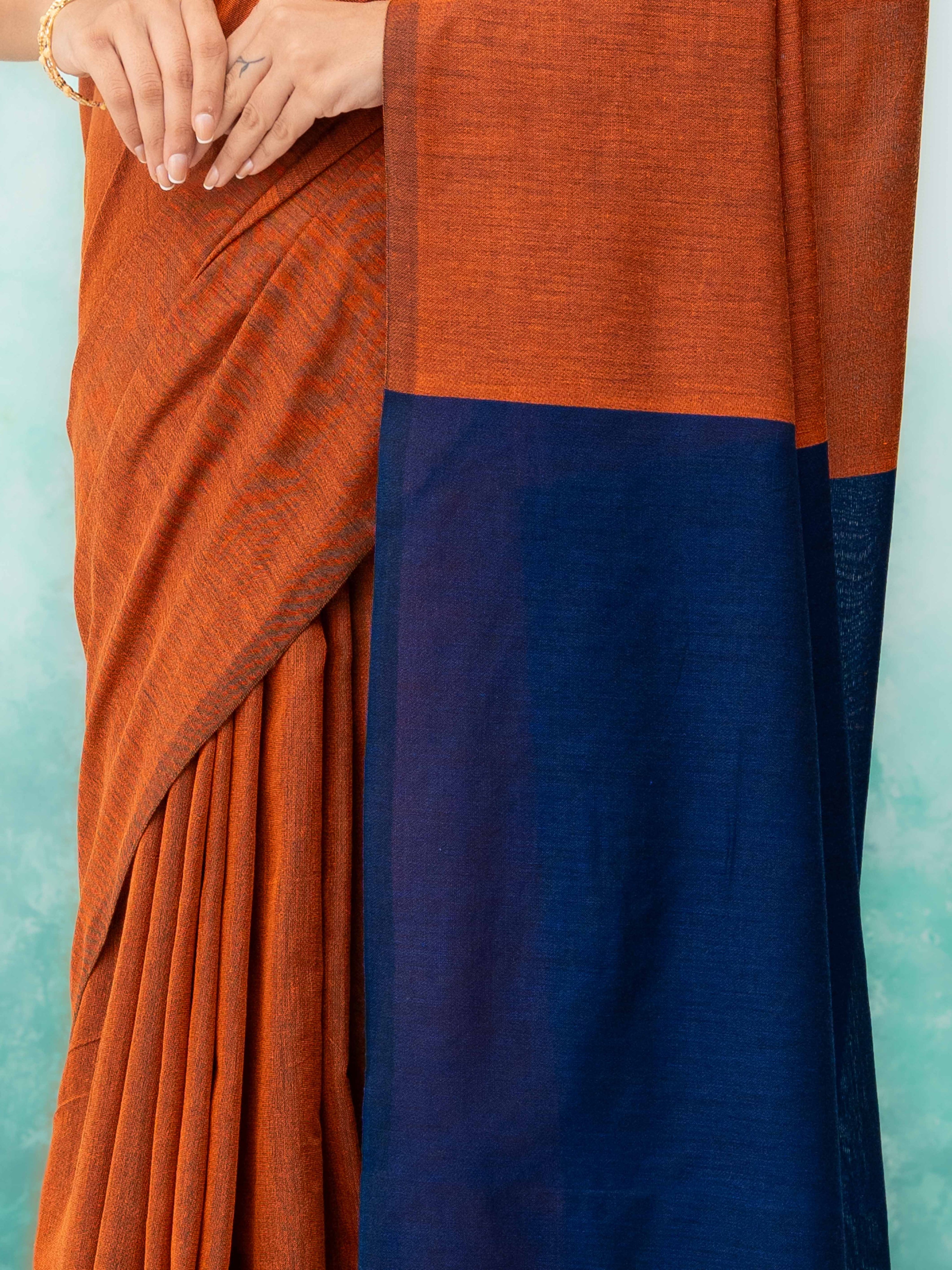 Navy Blue & Rust Khadi Cotton Saree