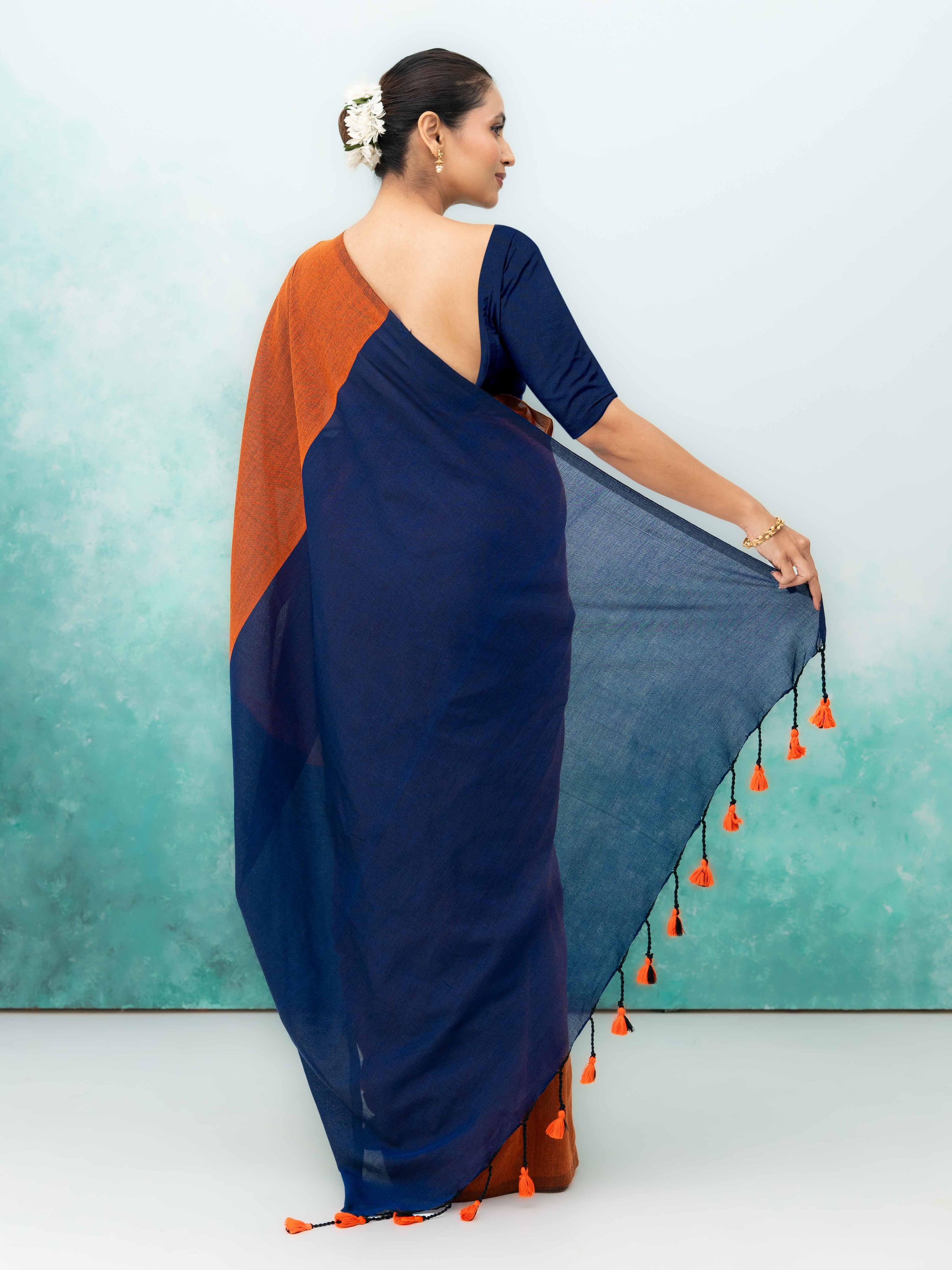 Navy Blue & Rust Khadi Cotton Saree