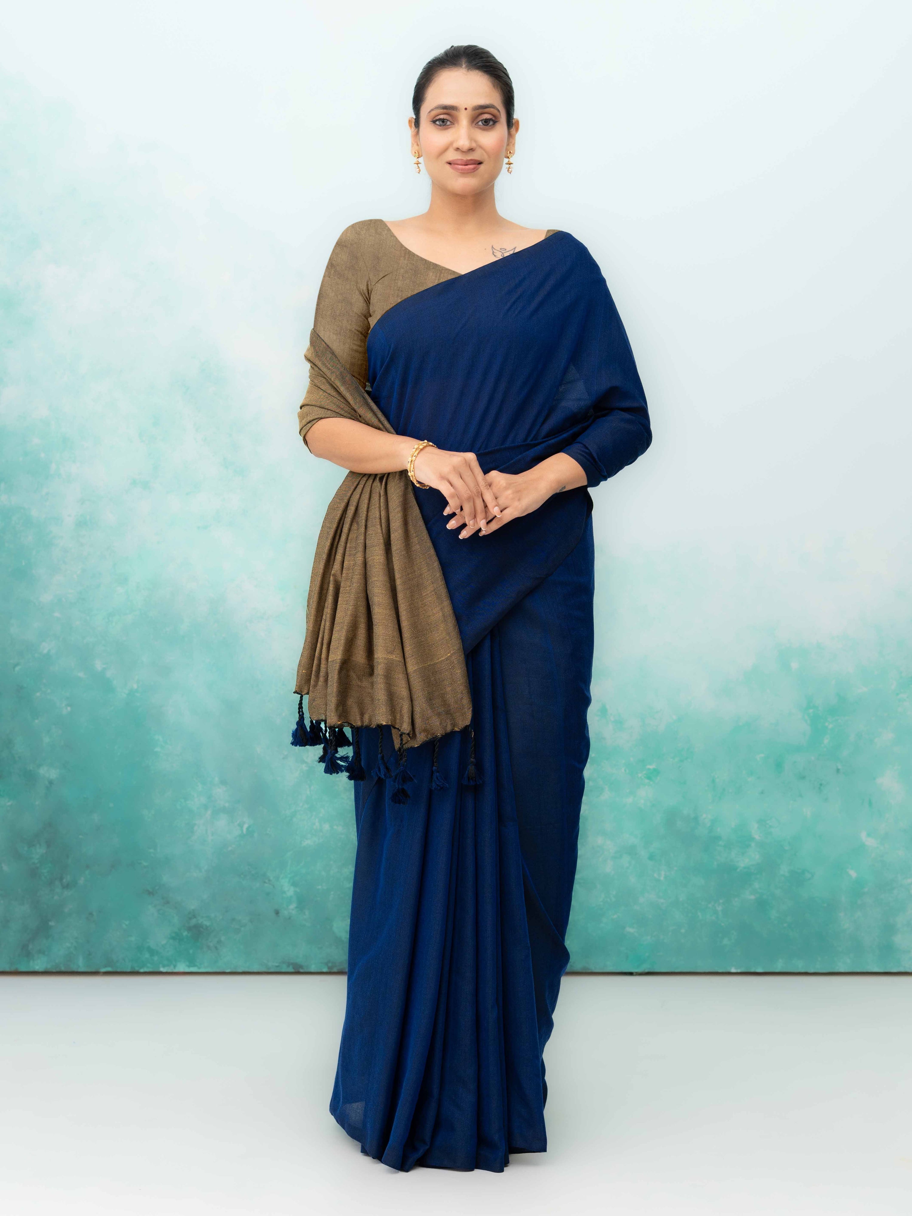 Navy Blue & Brown Khadi Cotton Saree