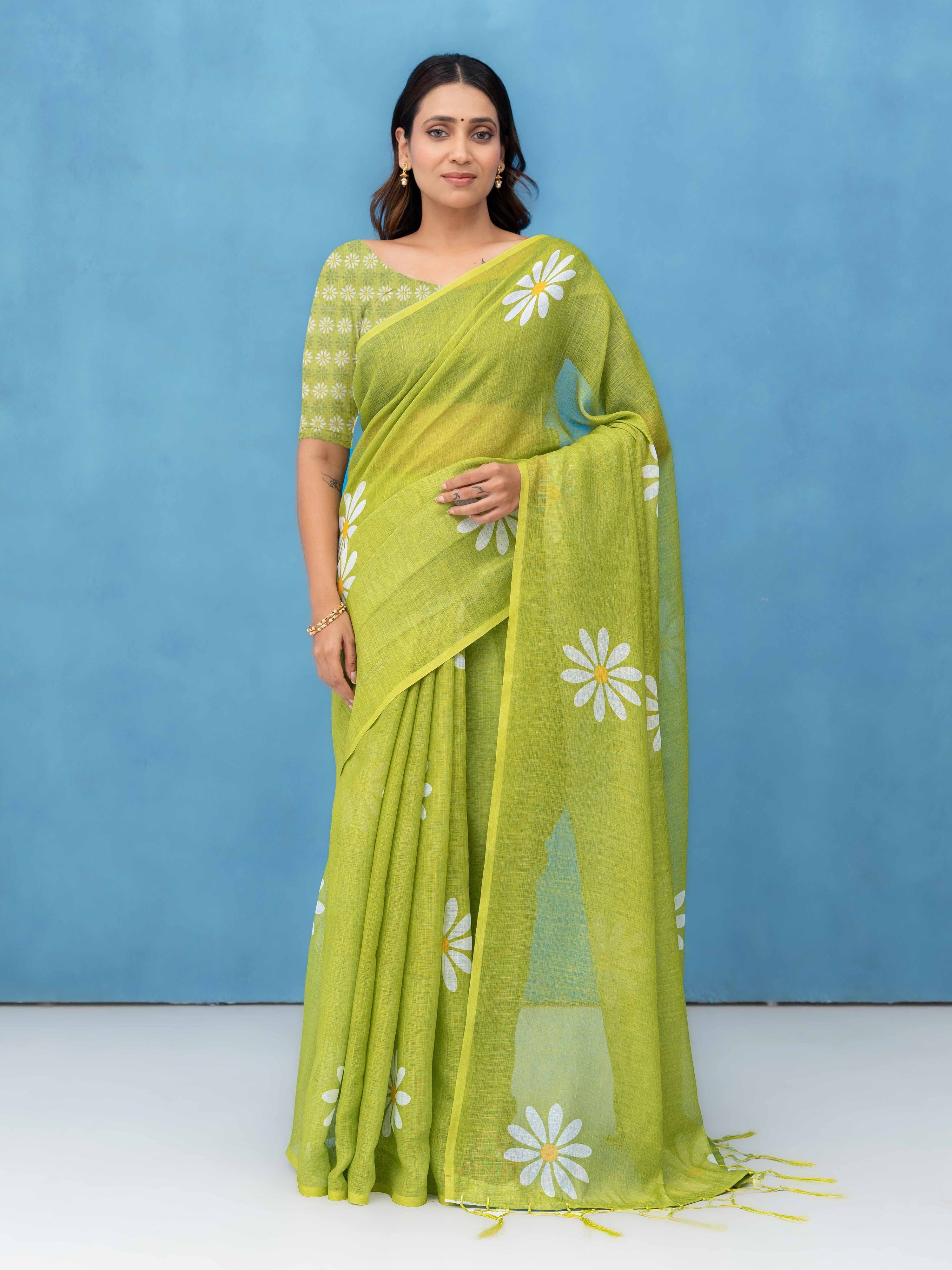 Light Green Cotton Linen Saree