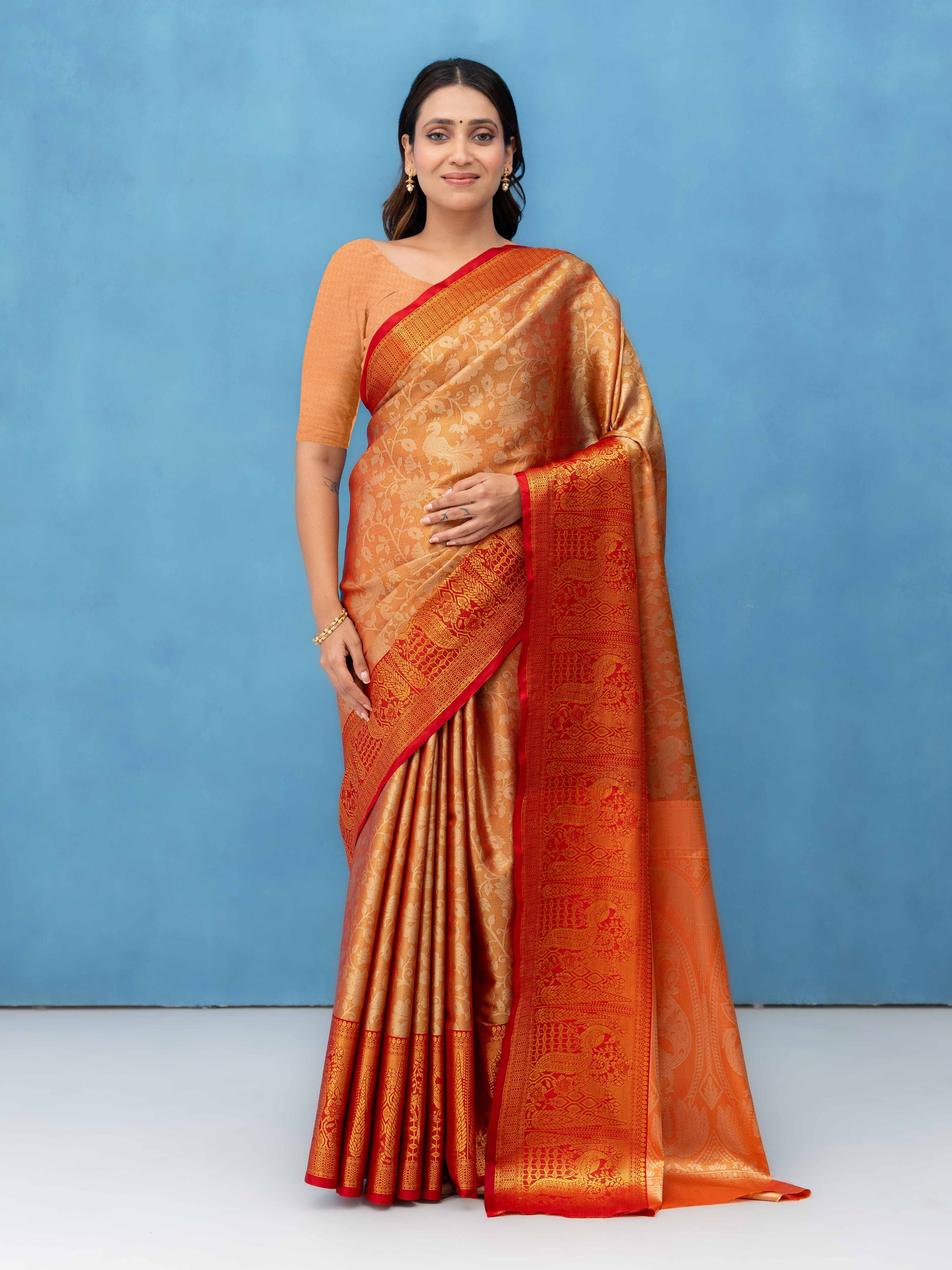 Peach Gold Kalamakari Silk Saree