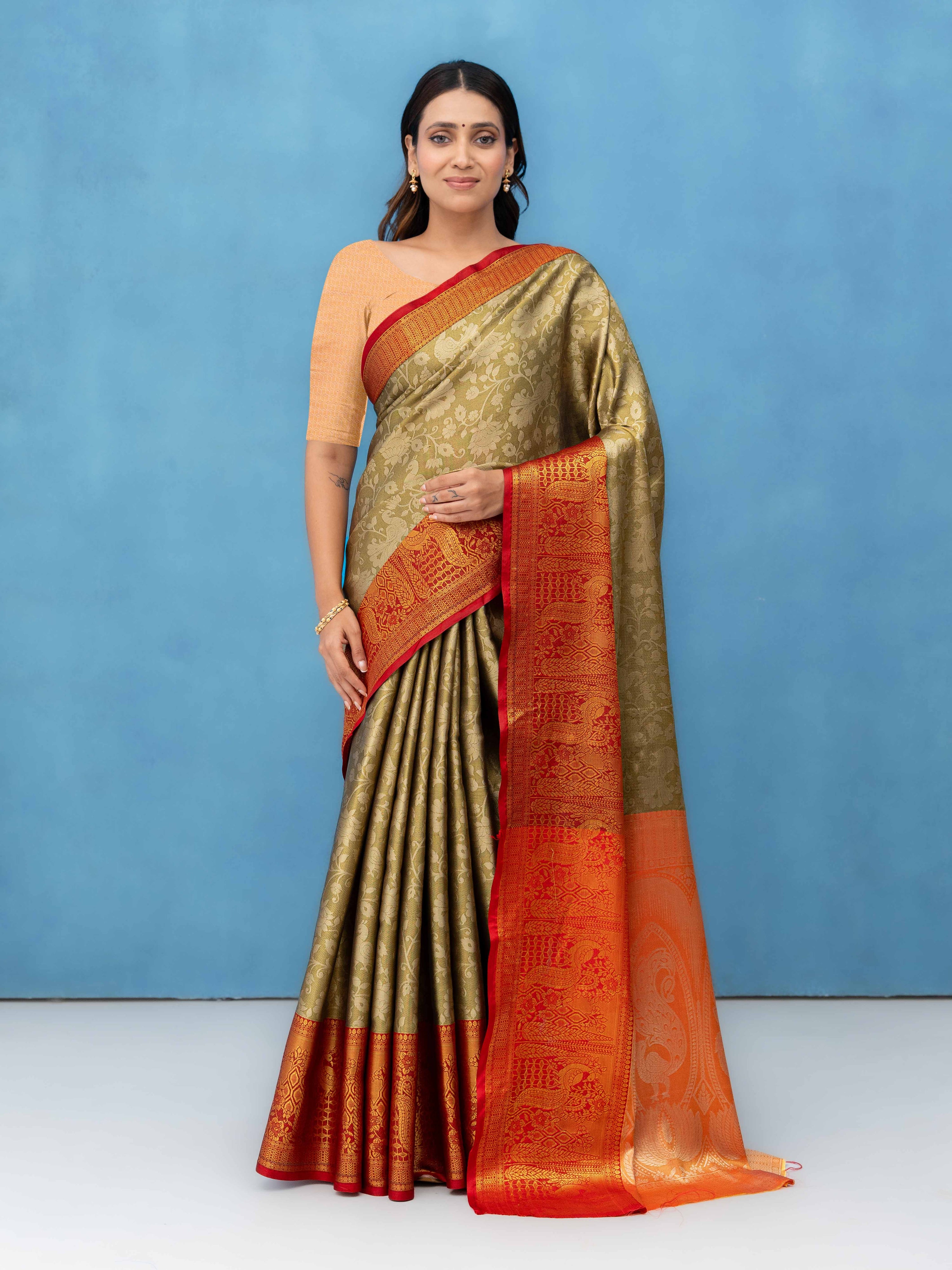 Golden Beige Kalamakari Silk Saree