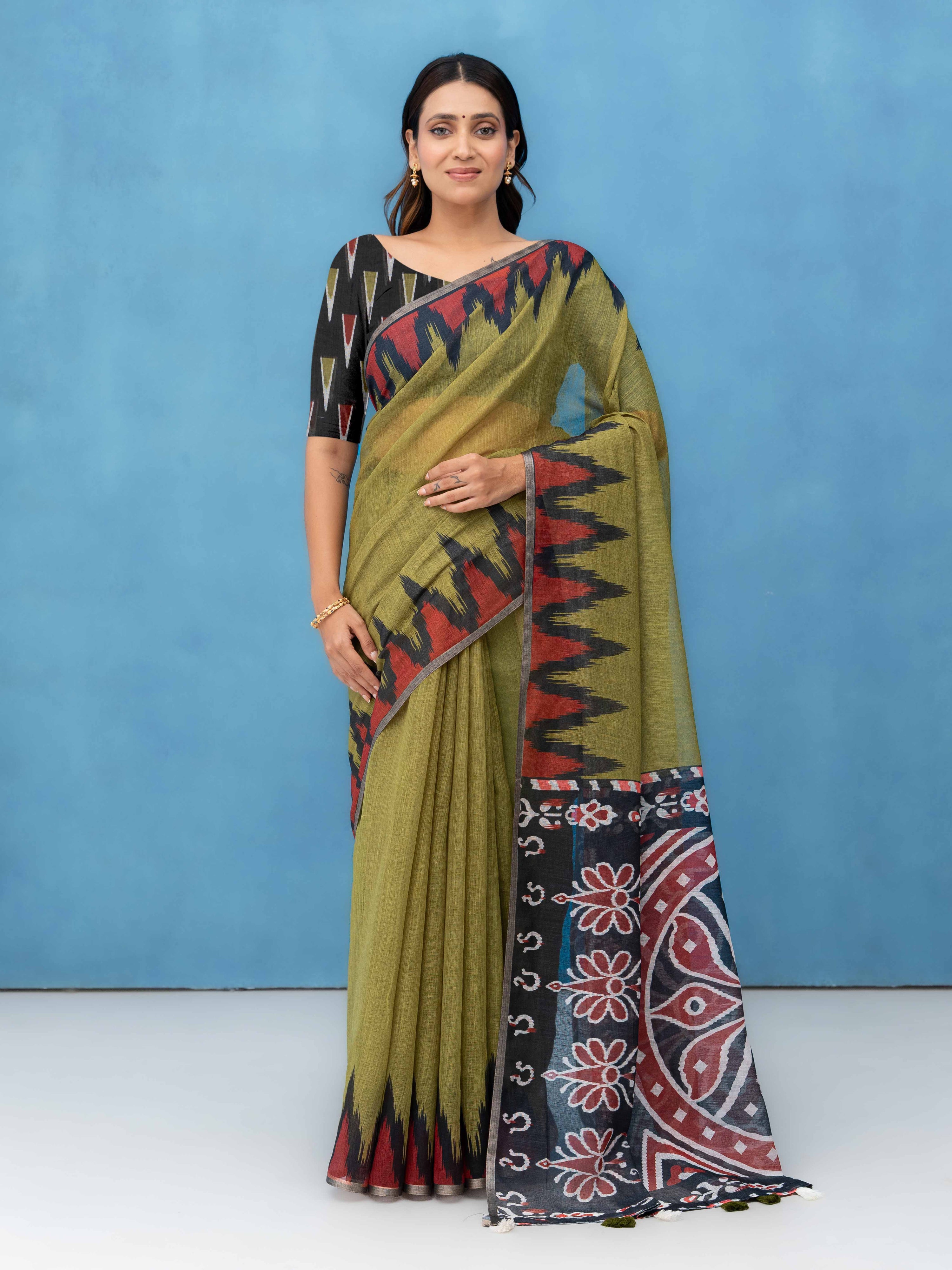 Olive Green Cotton Linen Saree