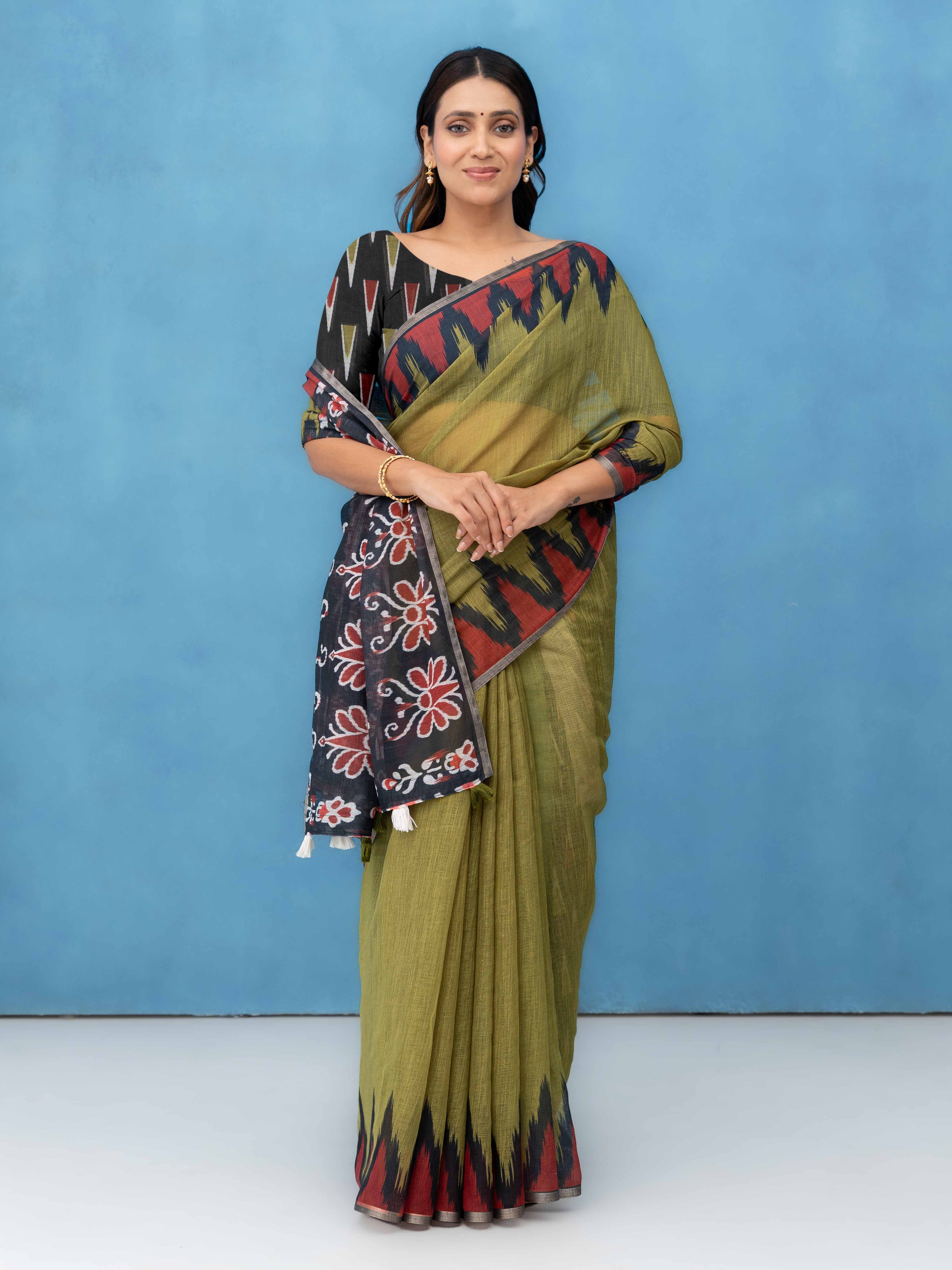 Olive Green Cotton Linen Saree