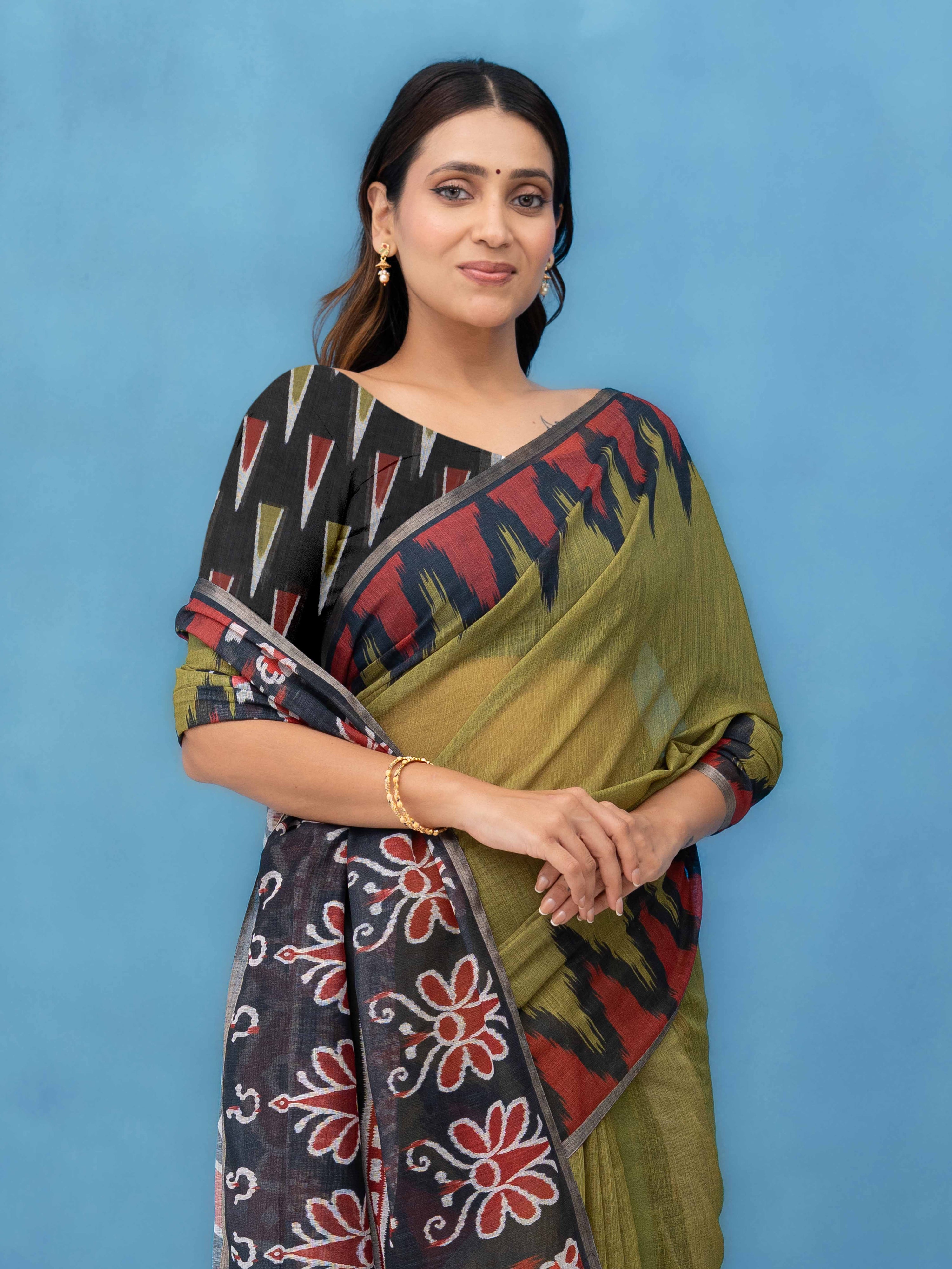 Olive Green Cotton Linen Saree