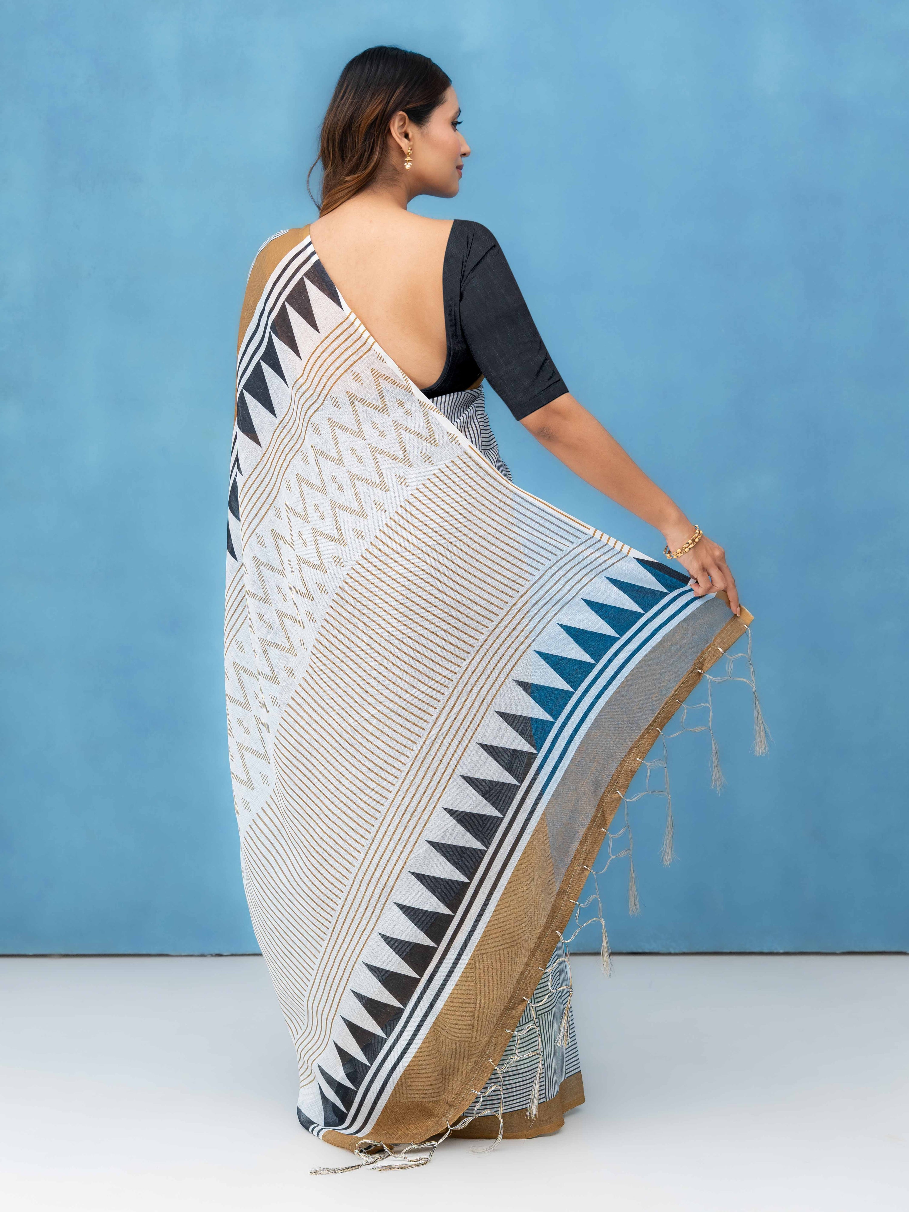White & Black Cotton Linen Printed Saree