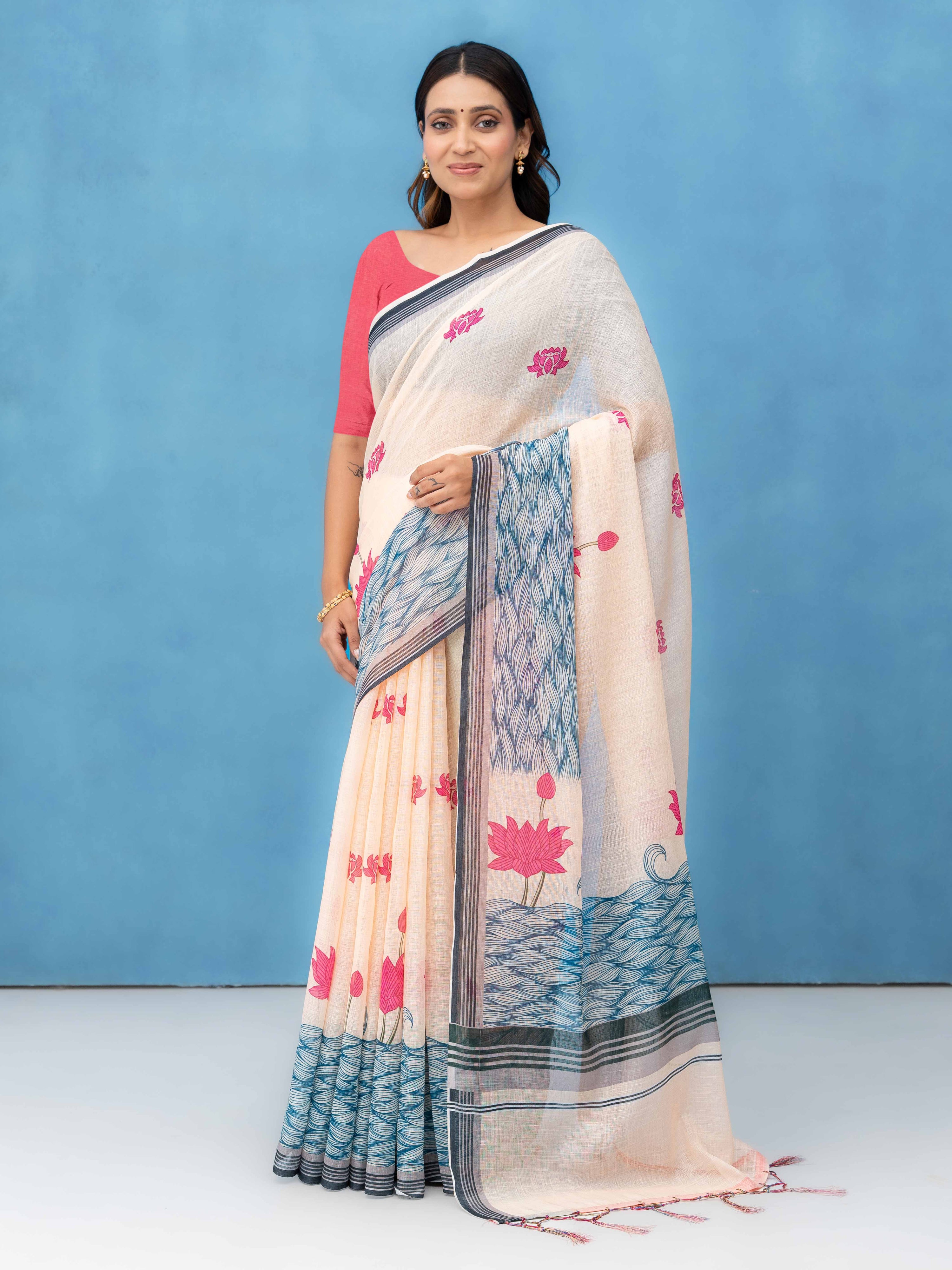 Off-White Cotton Linen Saree