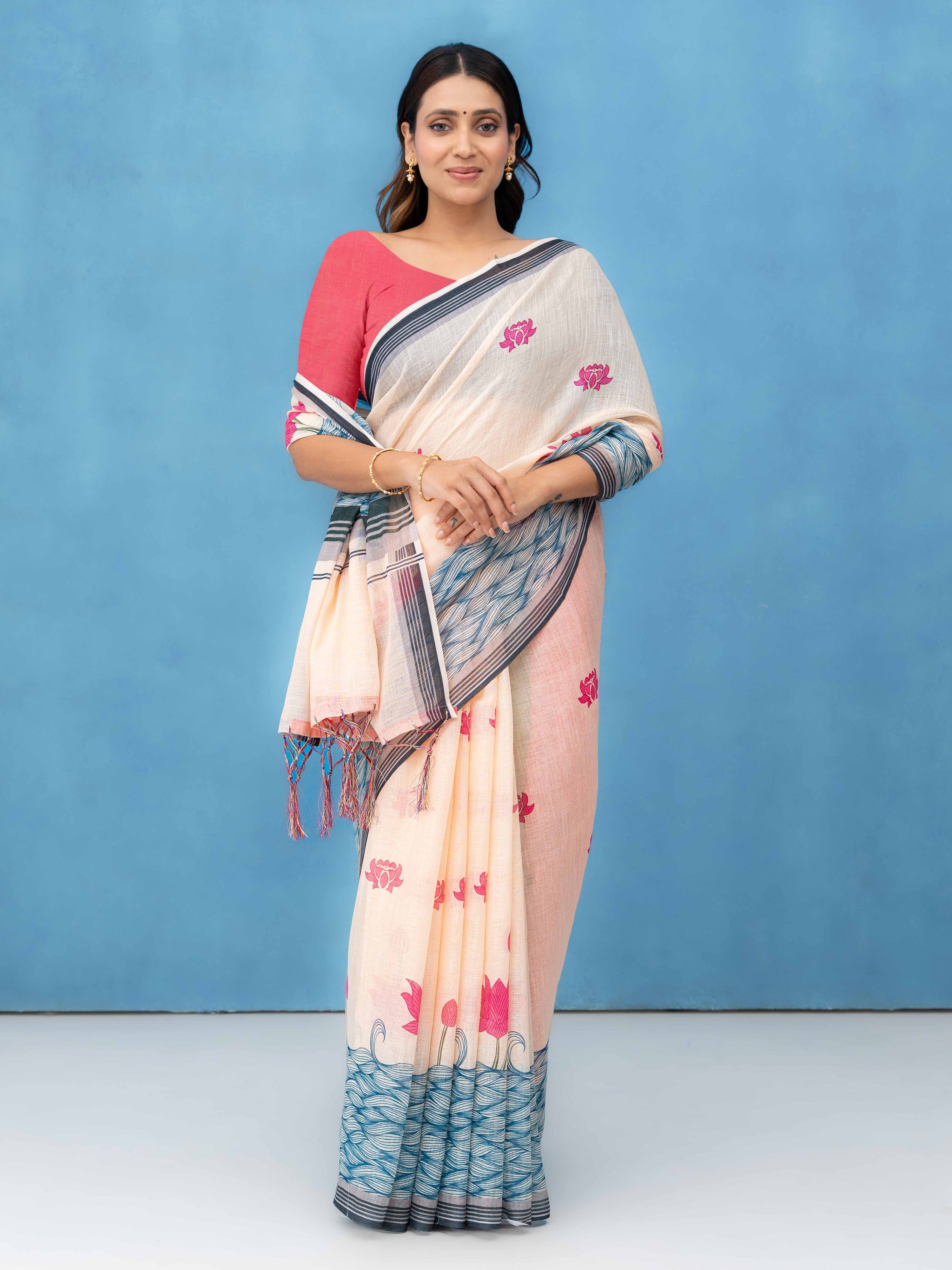 Off-White Cotton Linen Saree