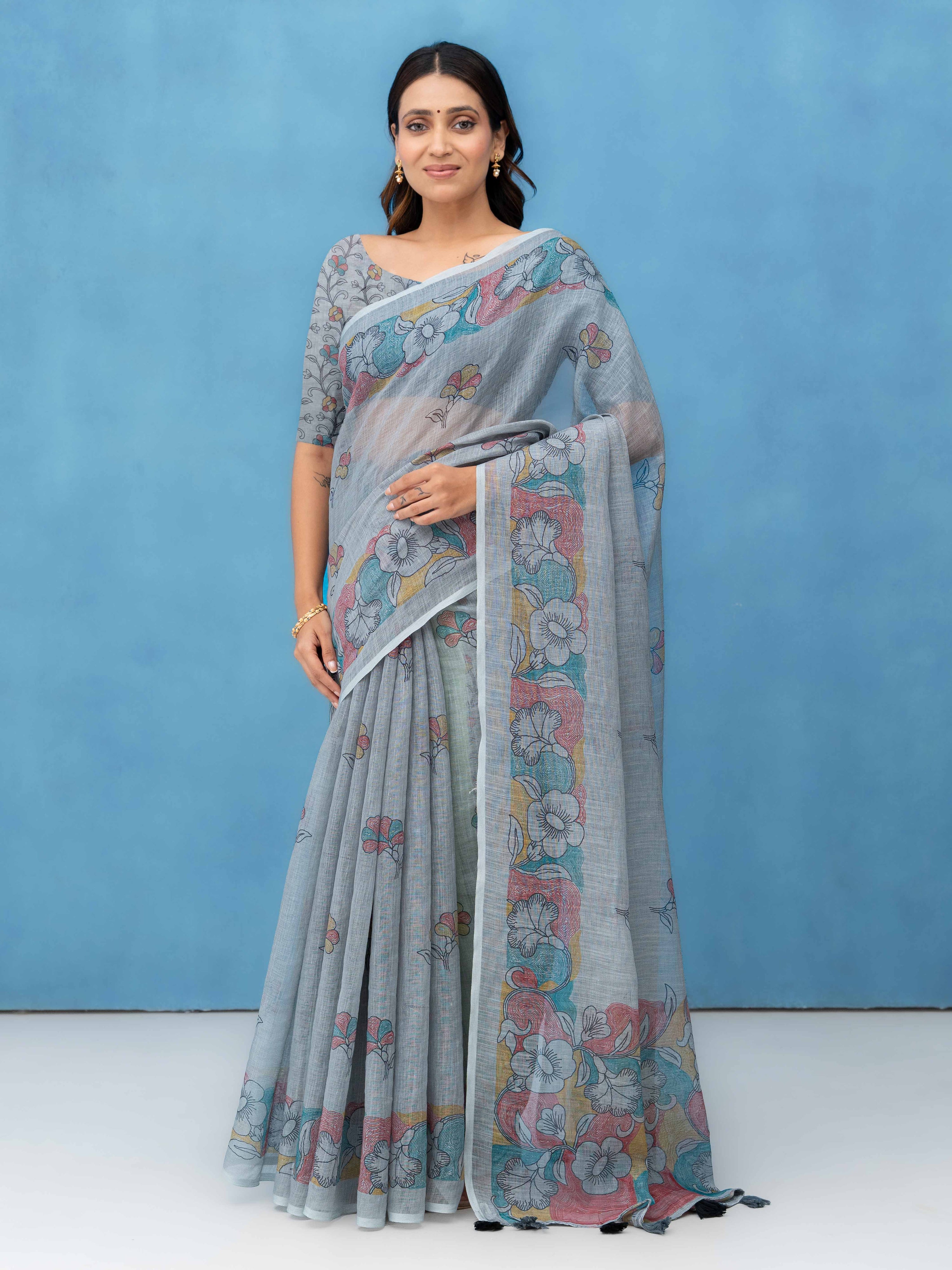 Light Grey Cotton Linen Saree