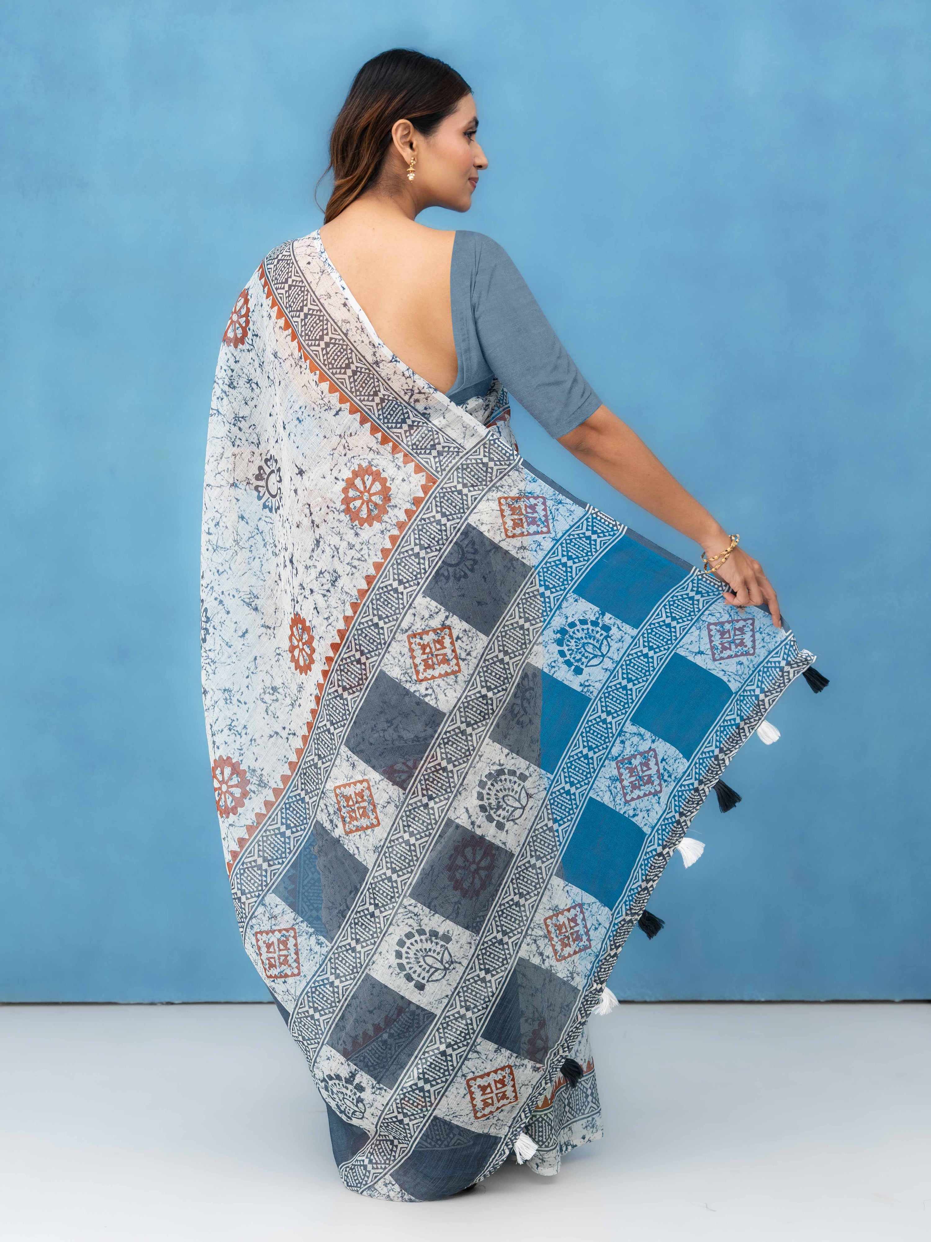 Off-White Cotton Linen Saree