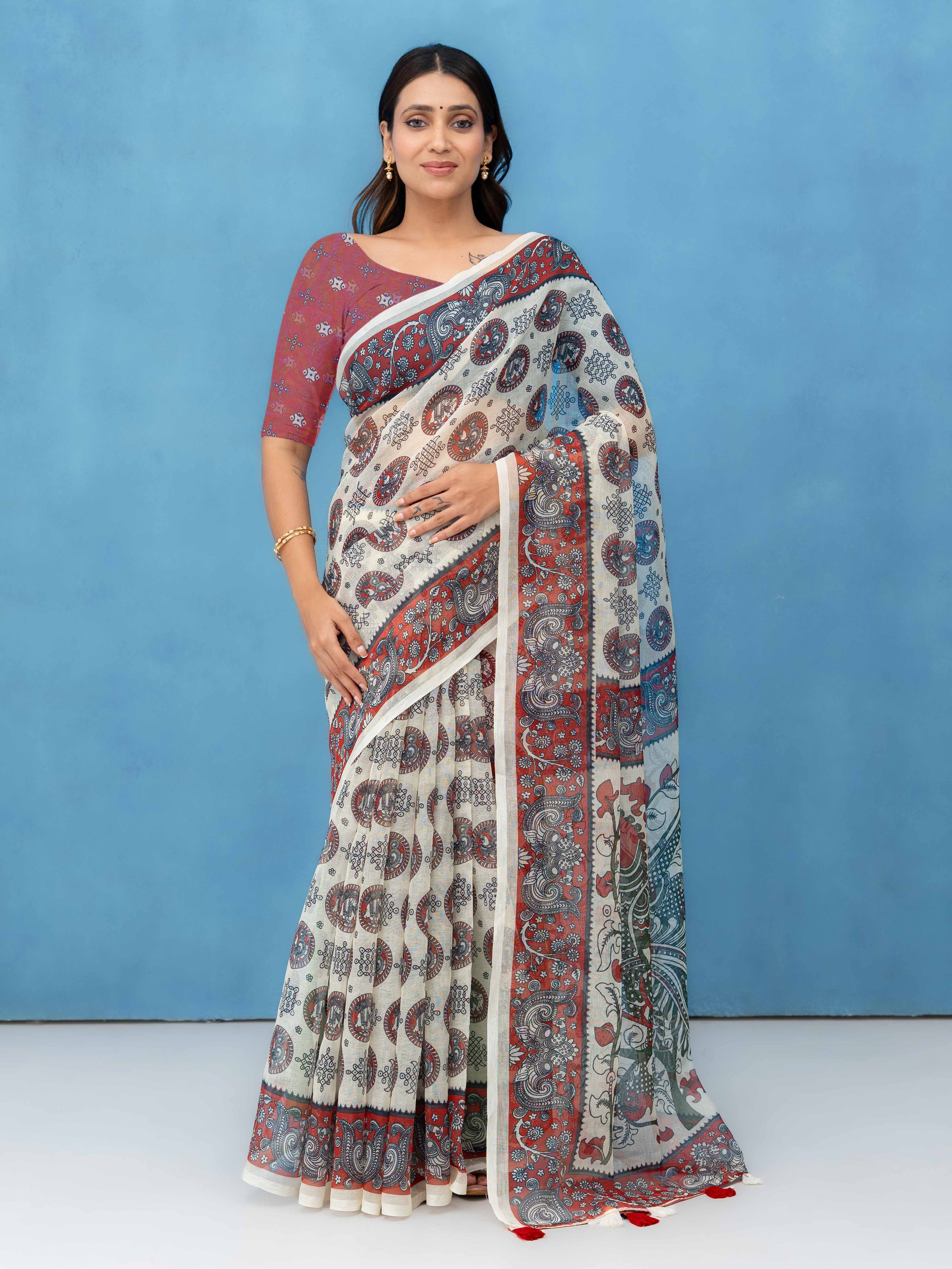 Off-White Cotton Linen Saree