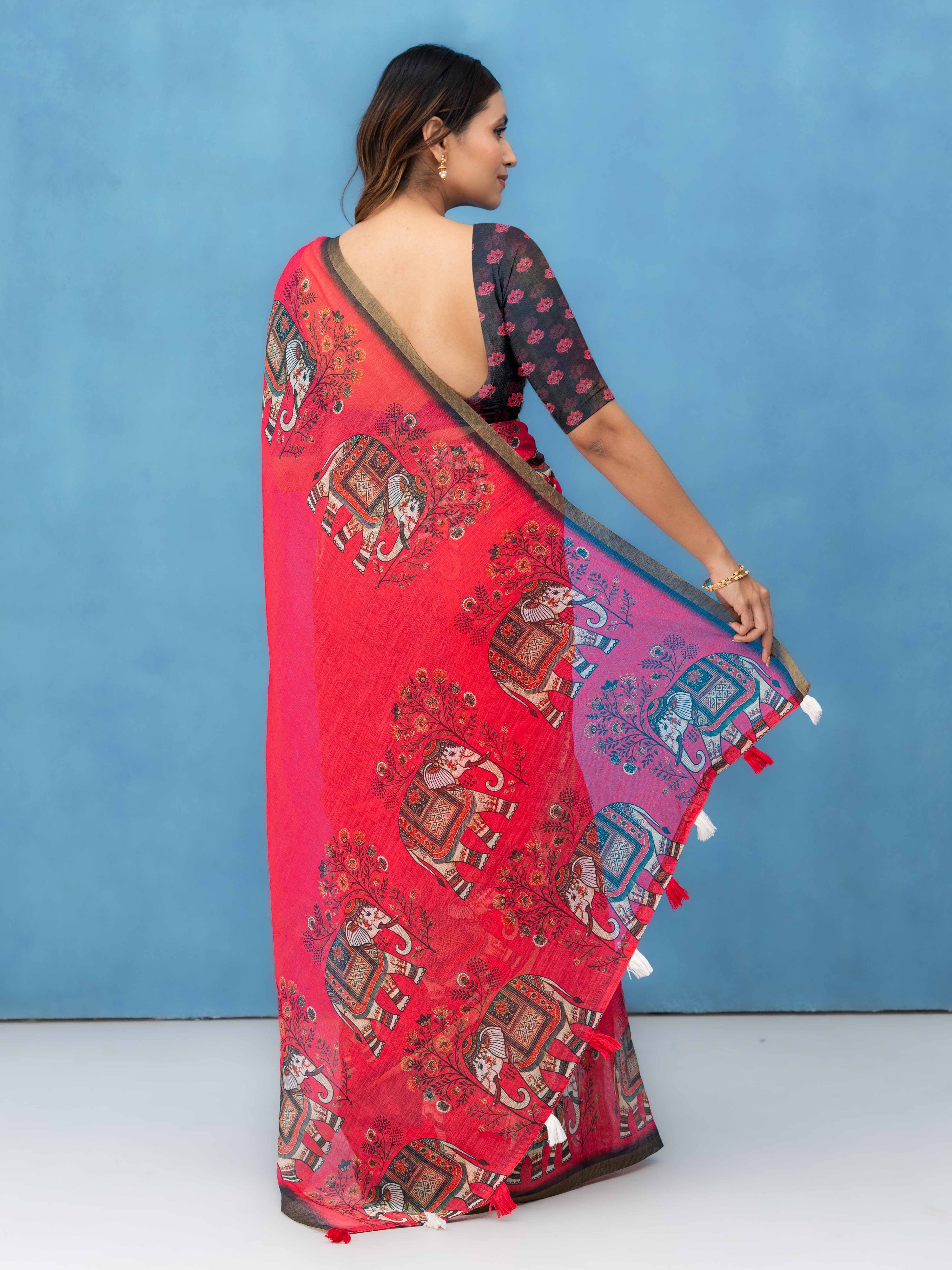 Red Cotton Linen Saree