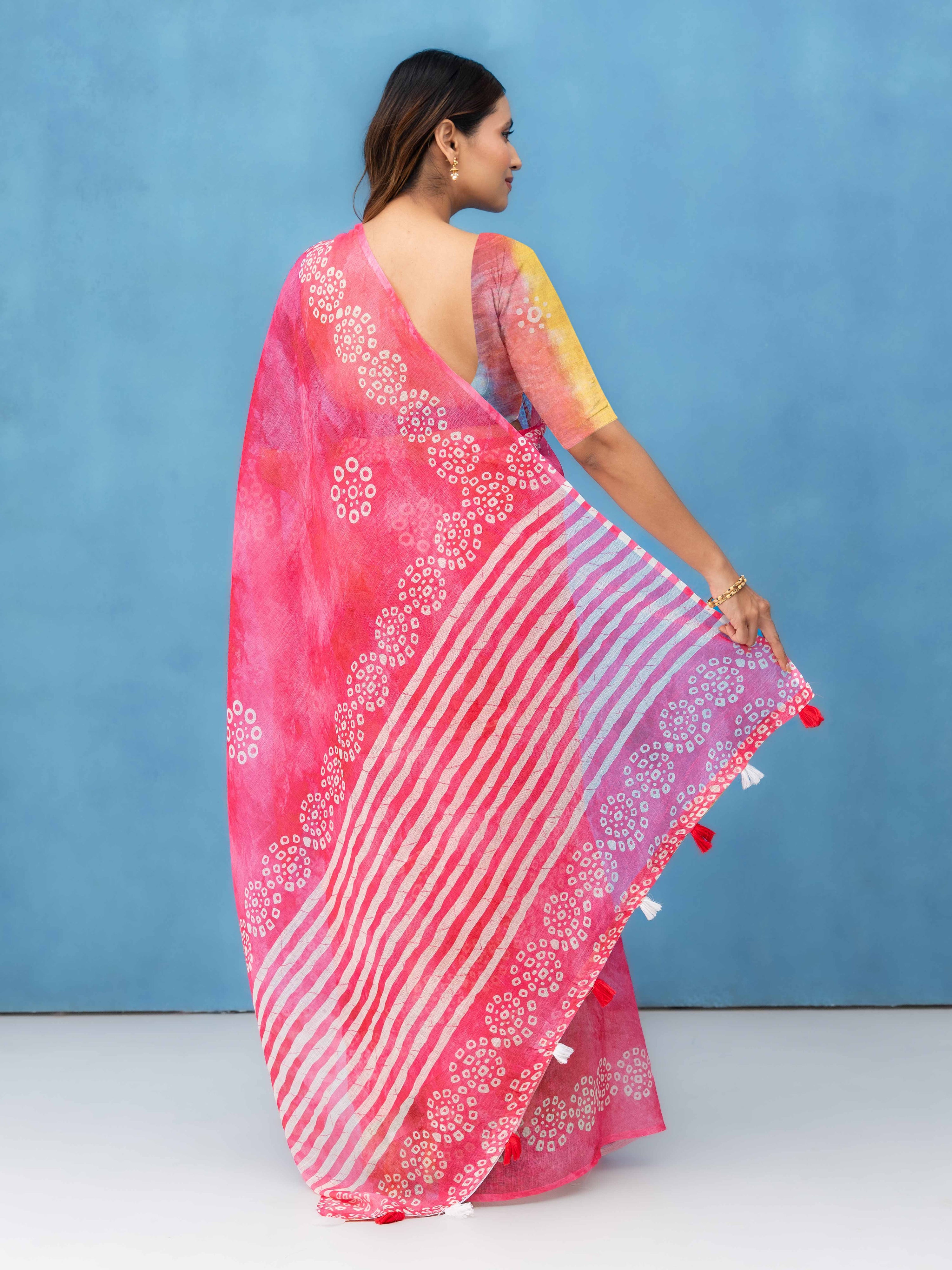 Pink Cotton Linen Saree