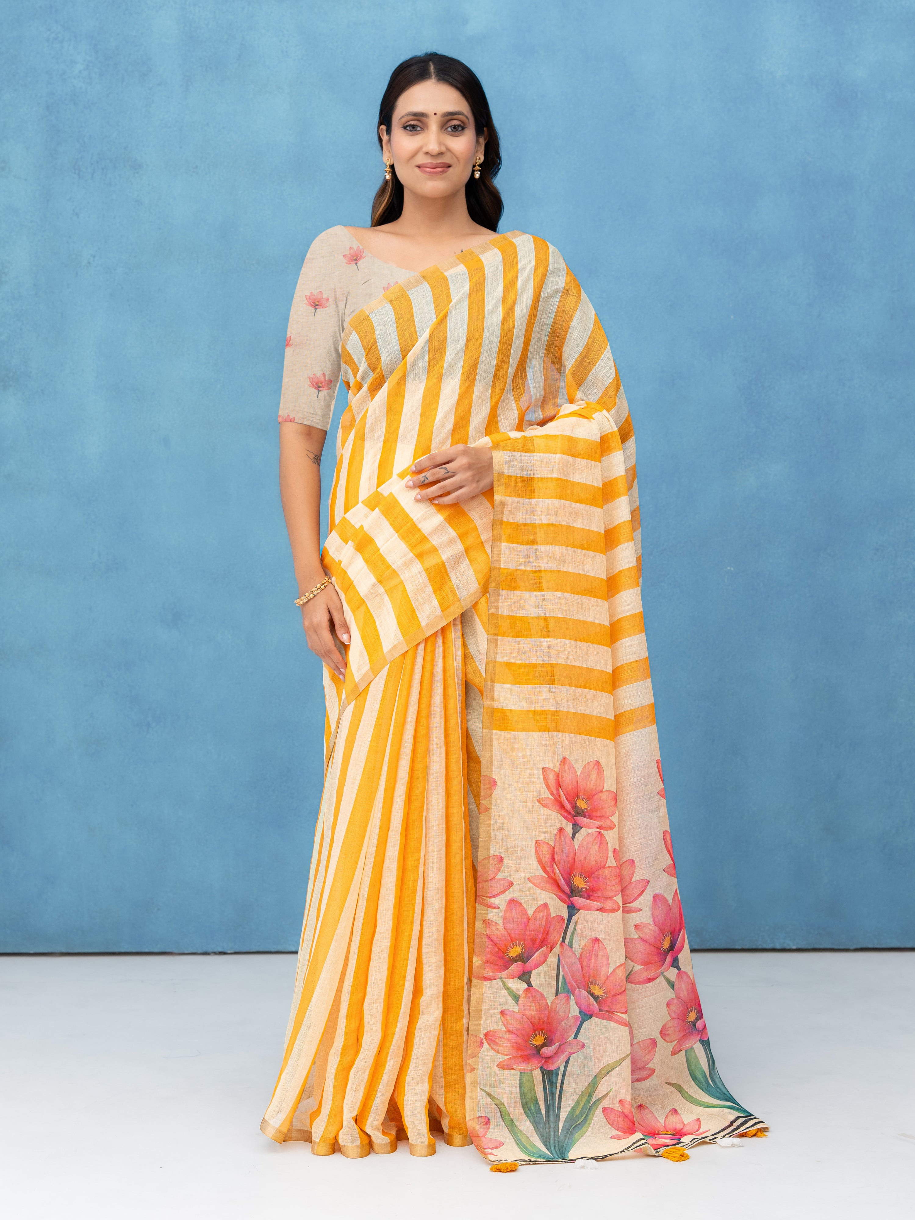 Beige Cotton Linen Saree