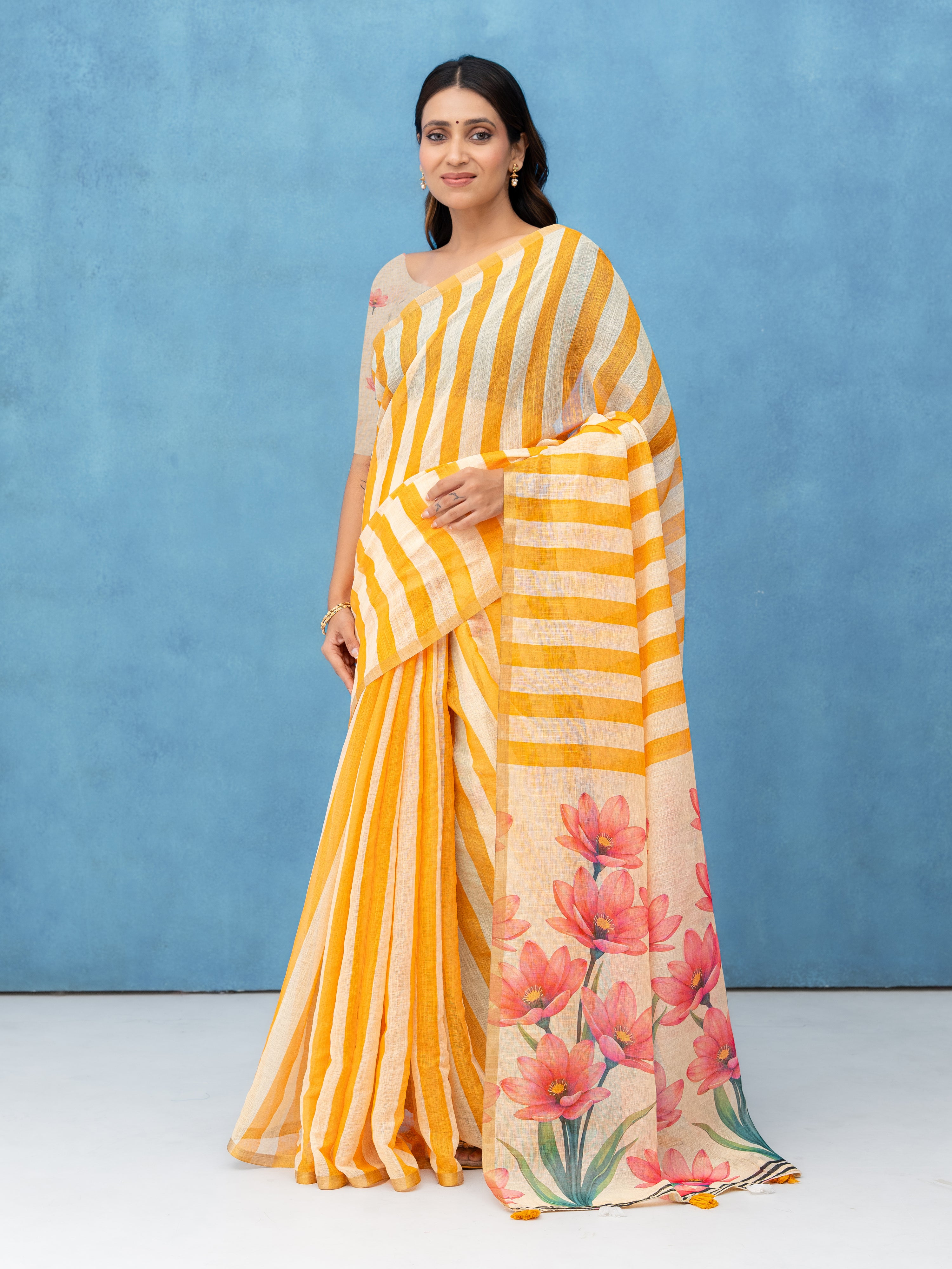 Beige Cotton Linen Saree