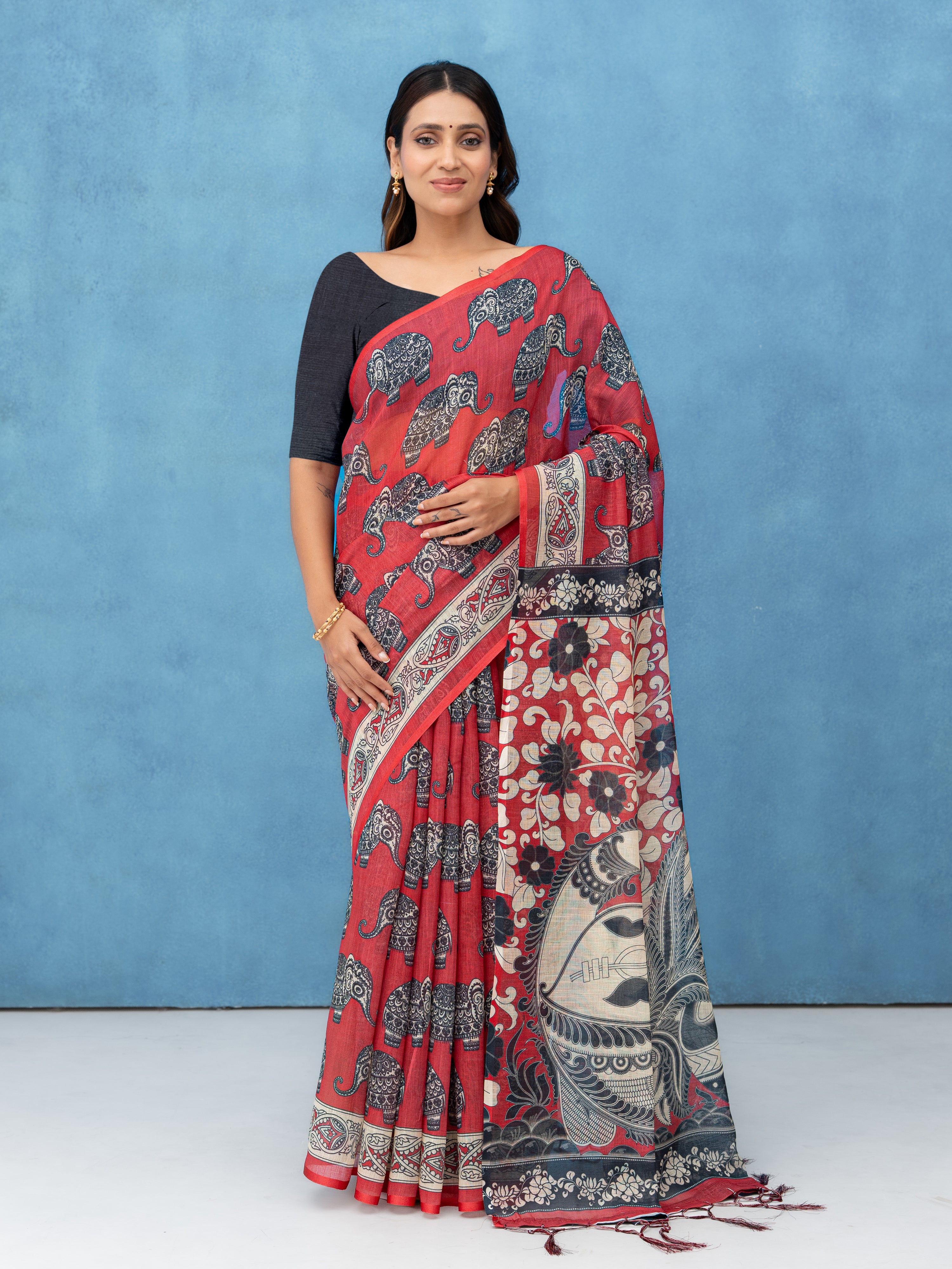 Red Cotton Linen Saree