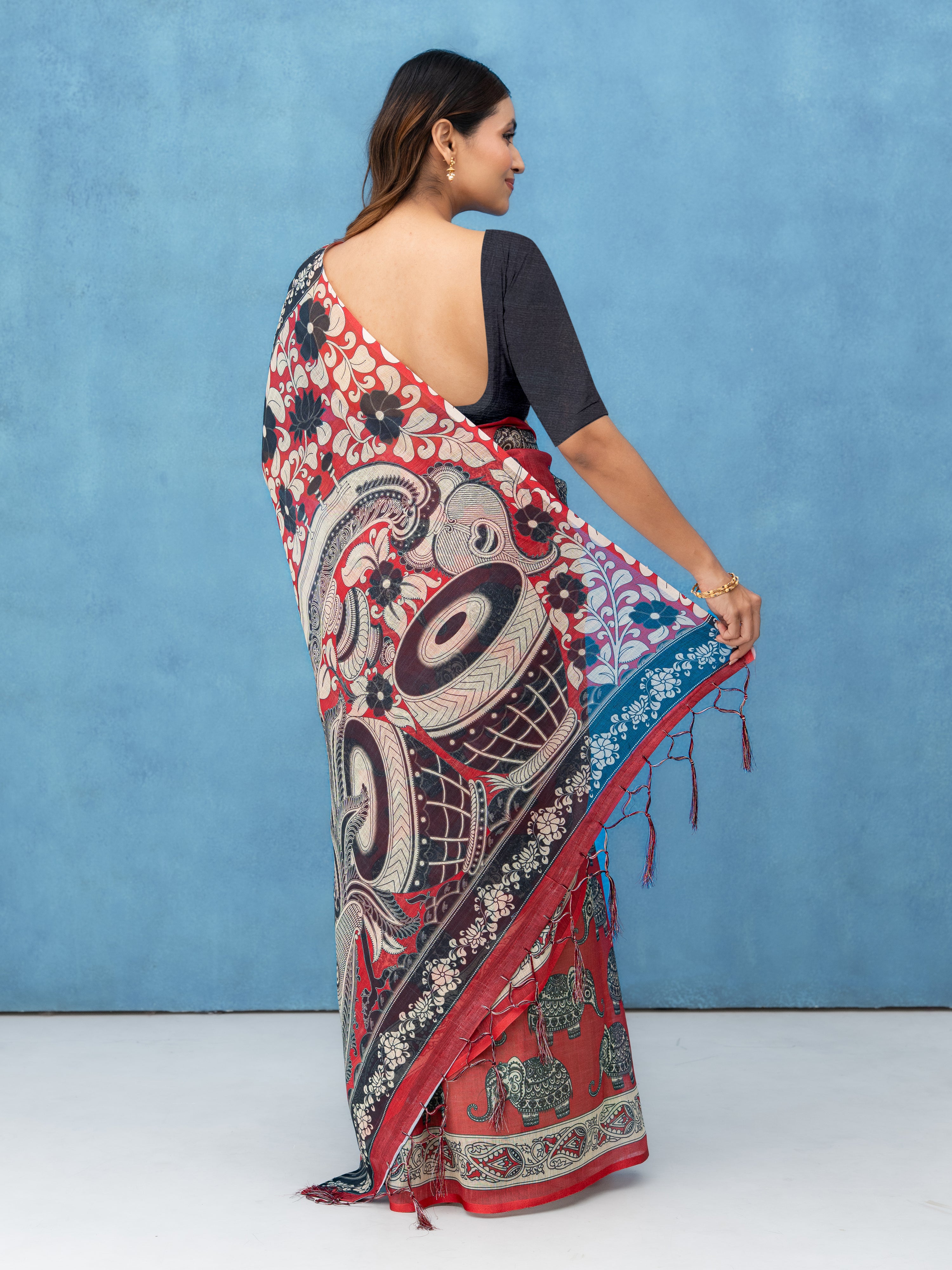 Red Cotton Linen Saree