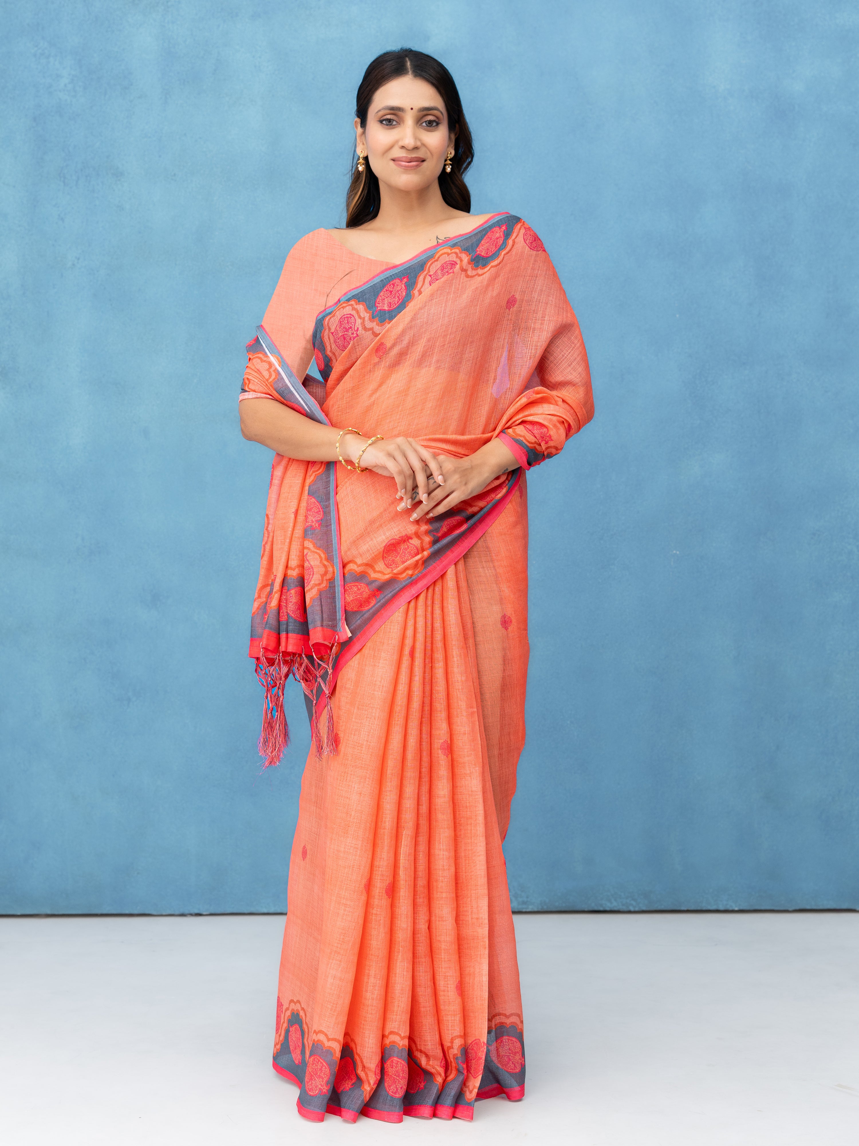 Peach Cotton Linen Saree