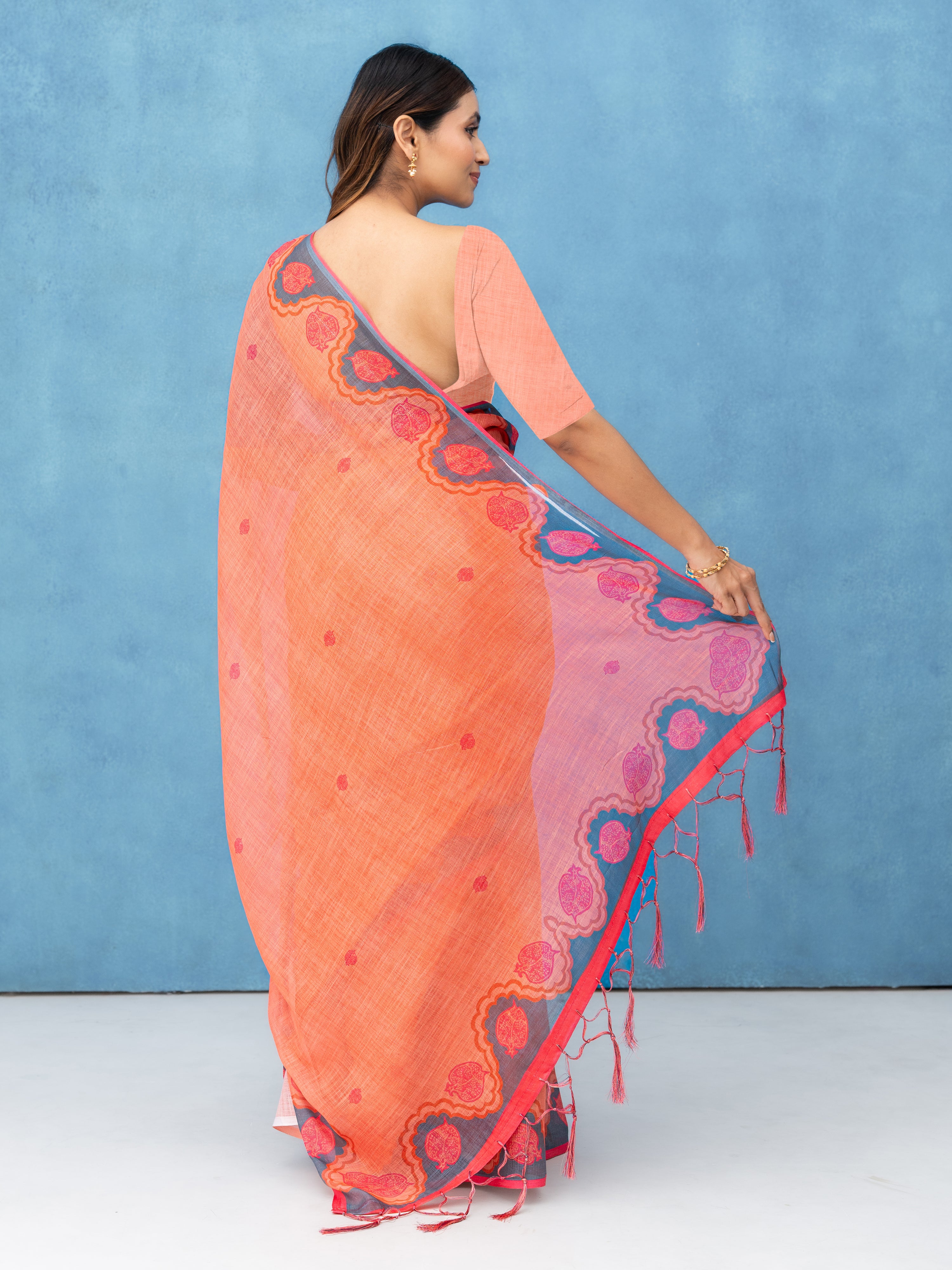 Peach Cotton Linen Saree