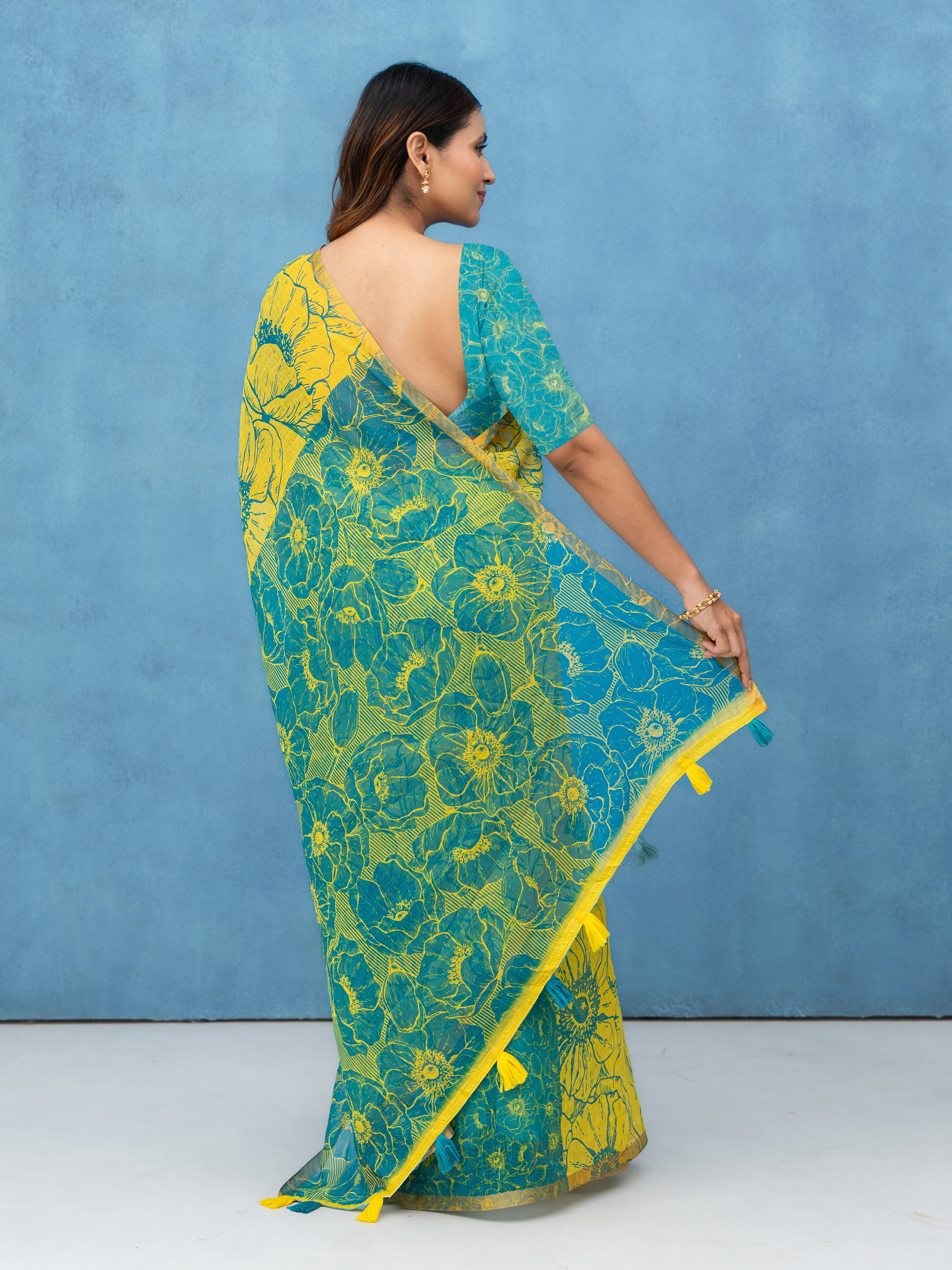 Yellow Cotton Linen Saree