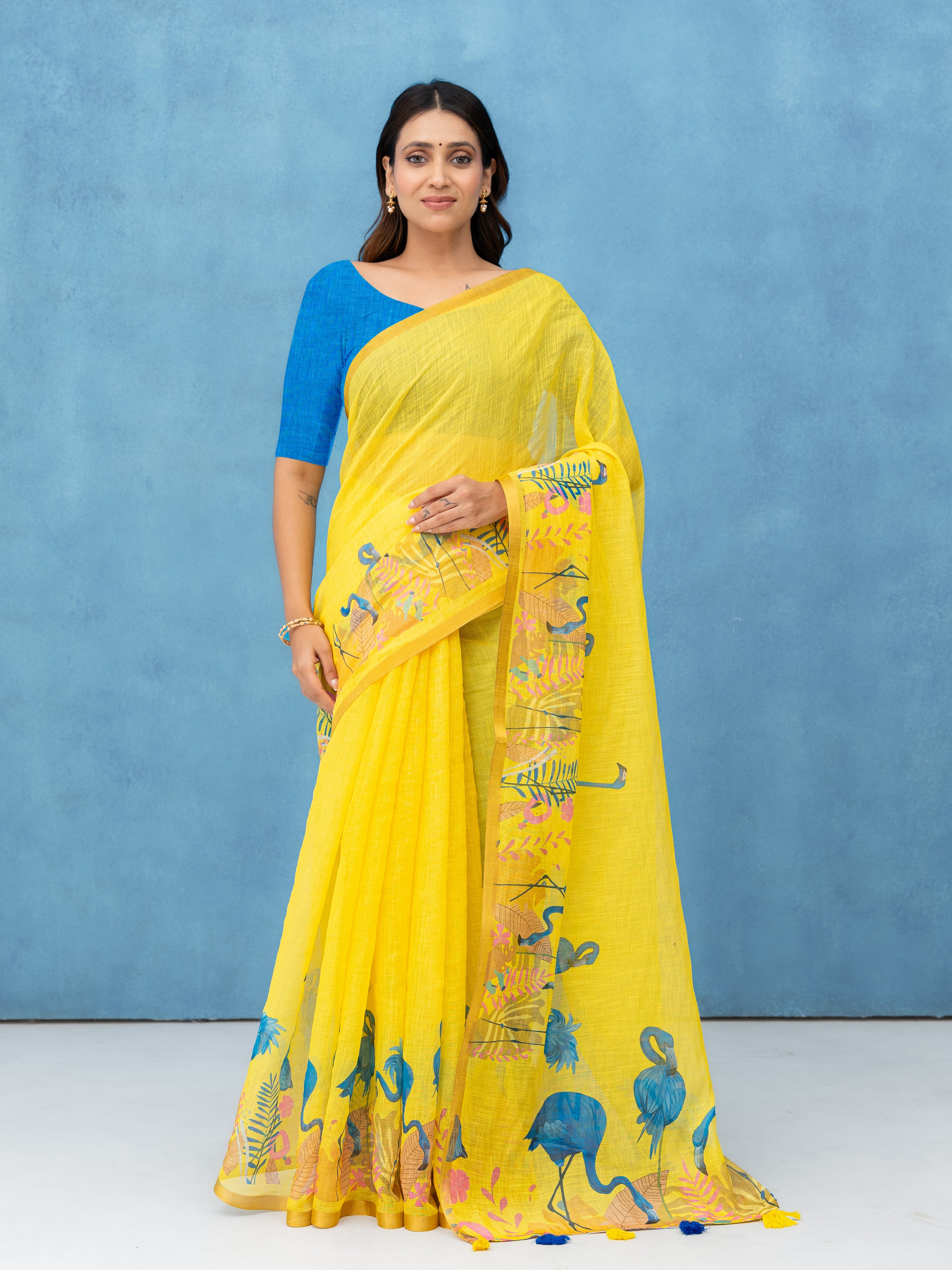 Yellow Cotton Linen Saree