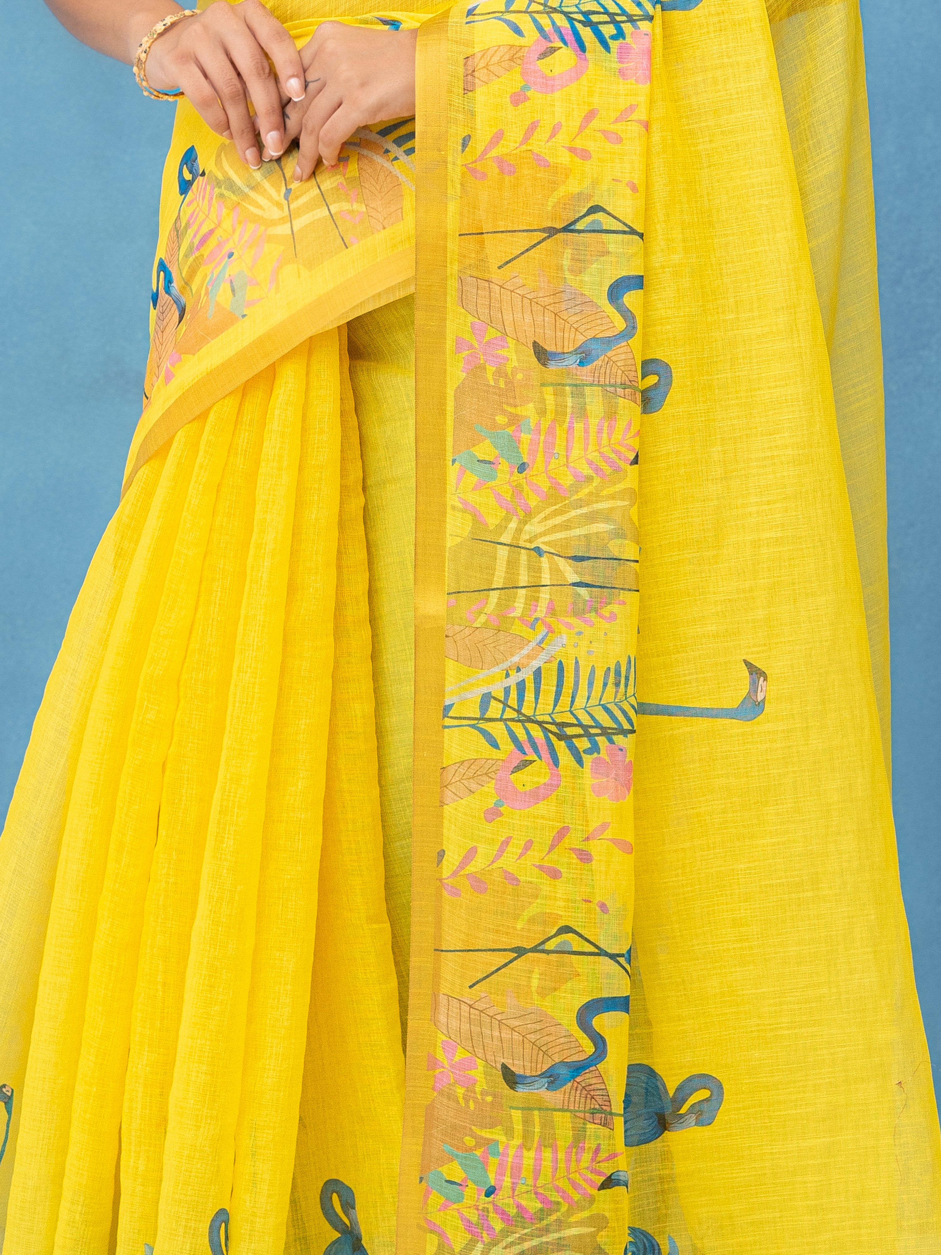 Yellow Cotton Linen Saree