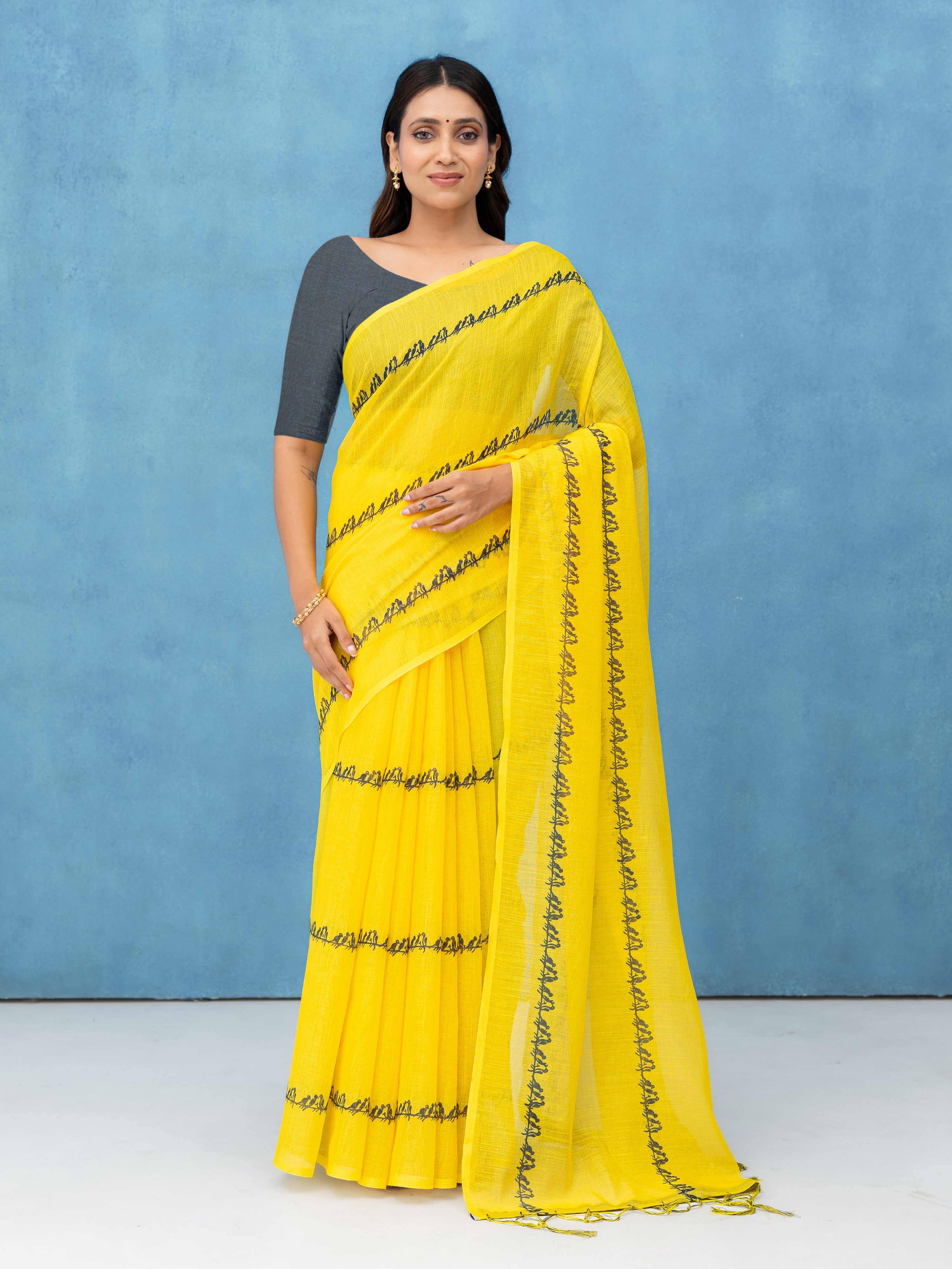 Charm Yellow Cotton Linen Saree