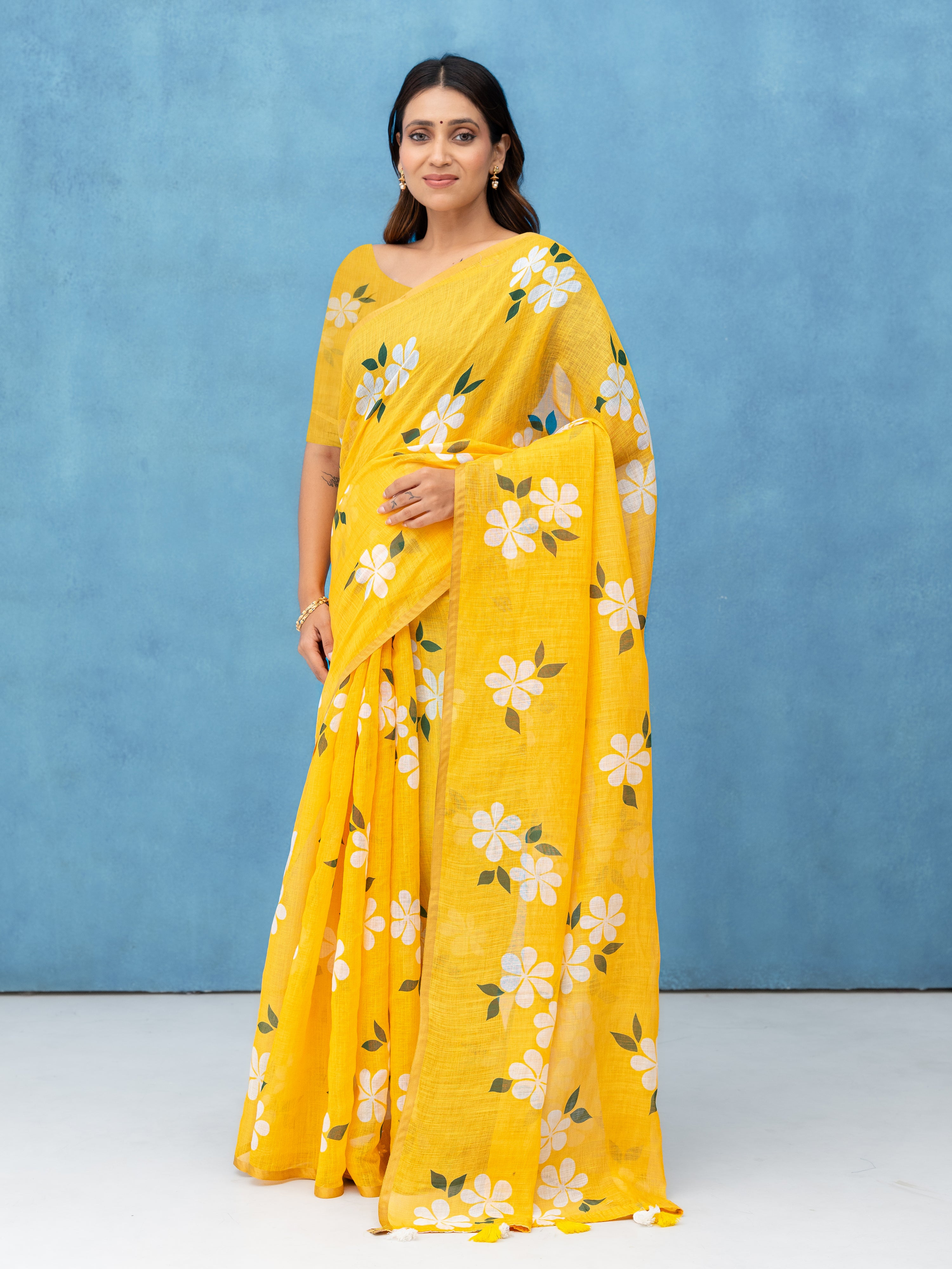 Yellow Cotton Linen Saree
