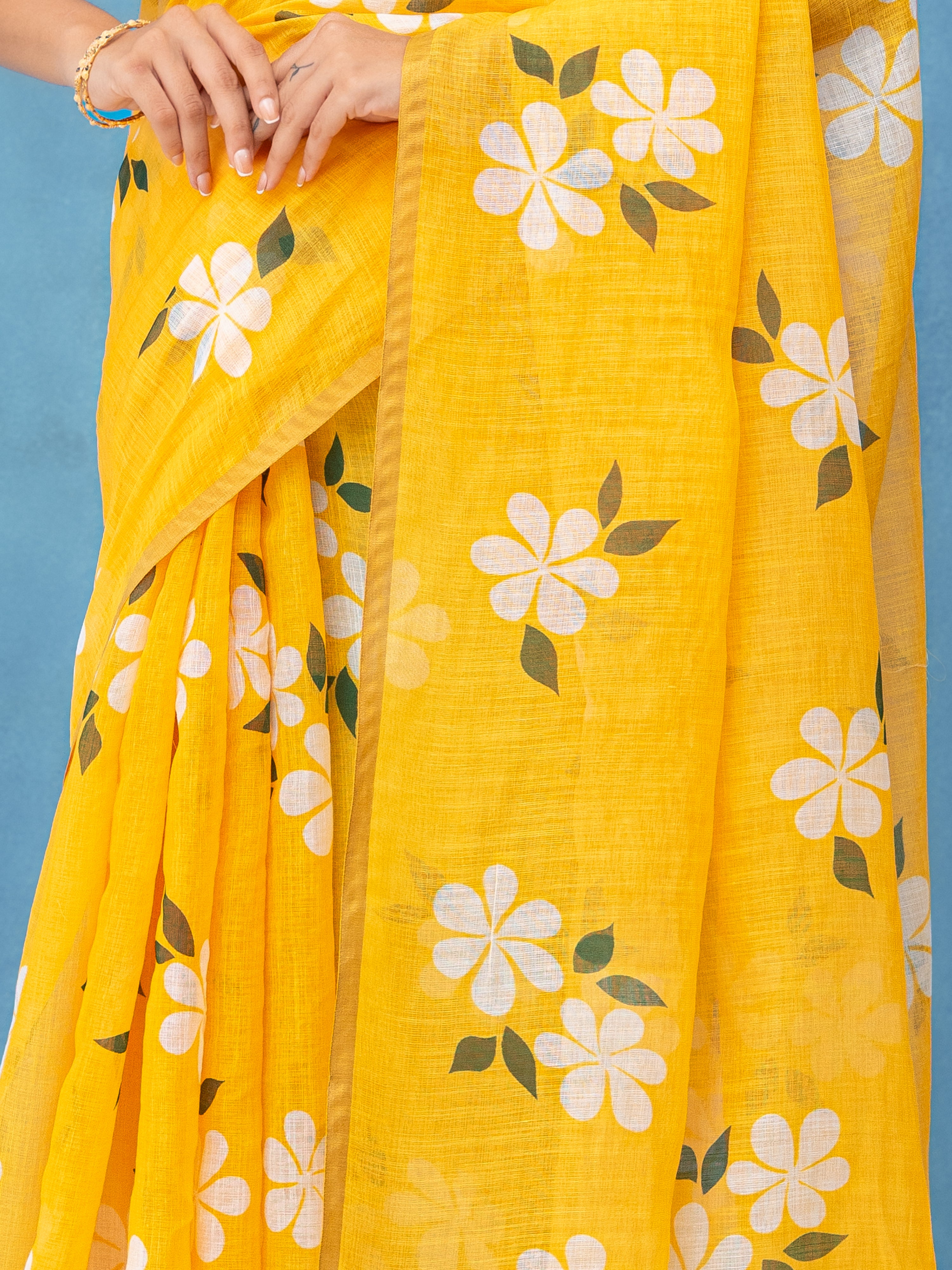 Yellow Cotton Linen Saree