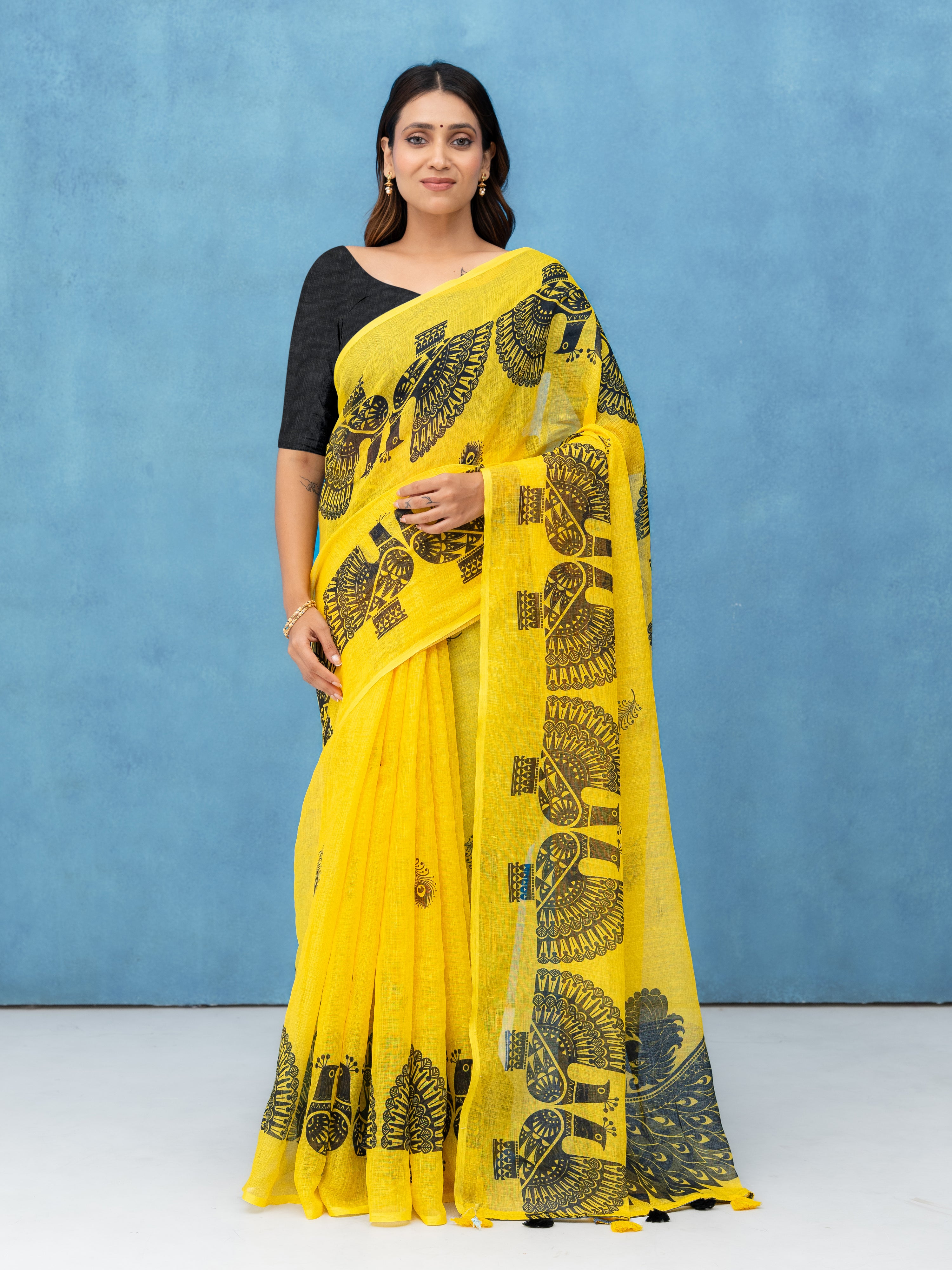 Yellow Cotton Linen Saree