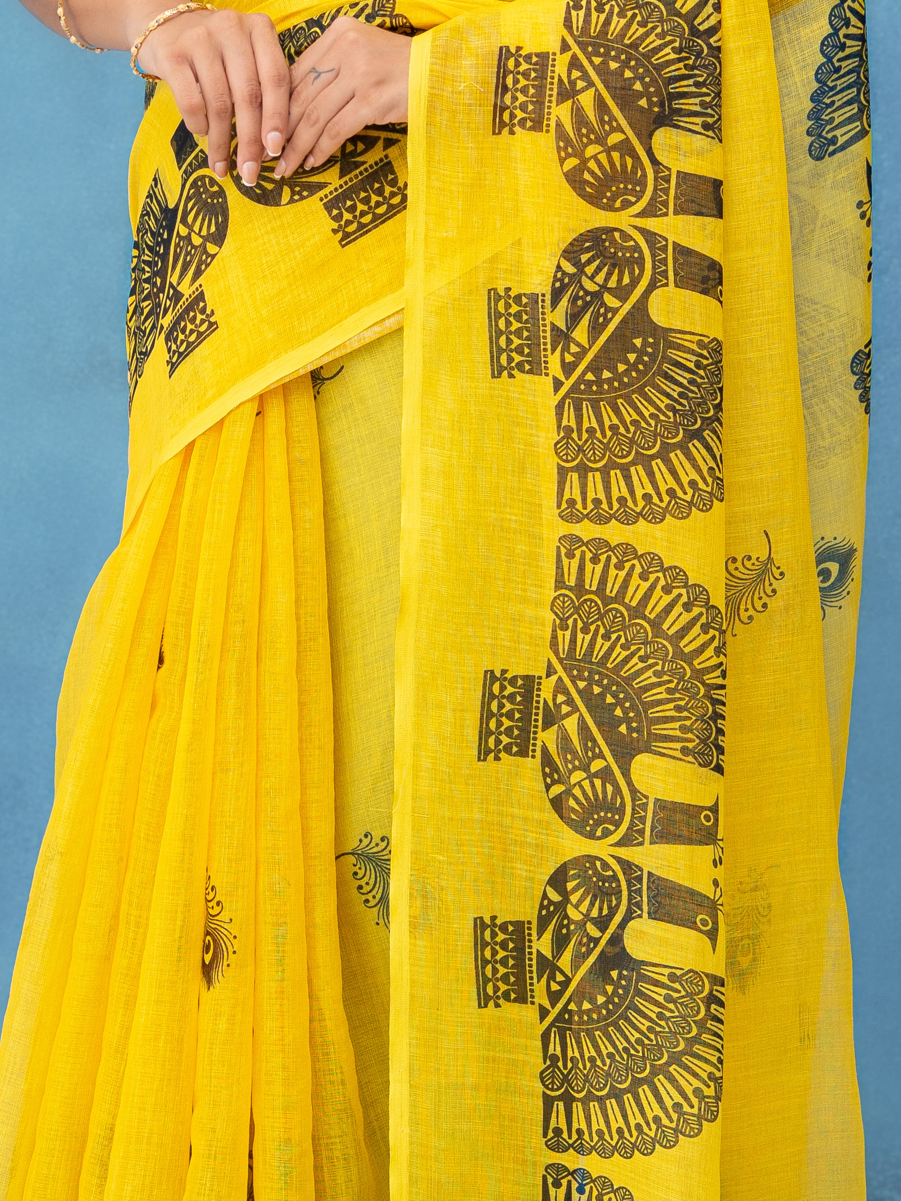 Yellow Cotton Linen Saree
