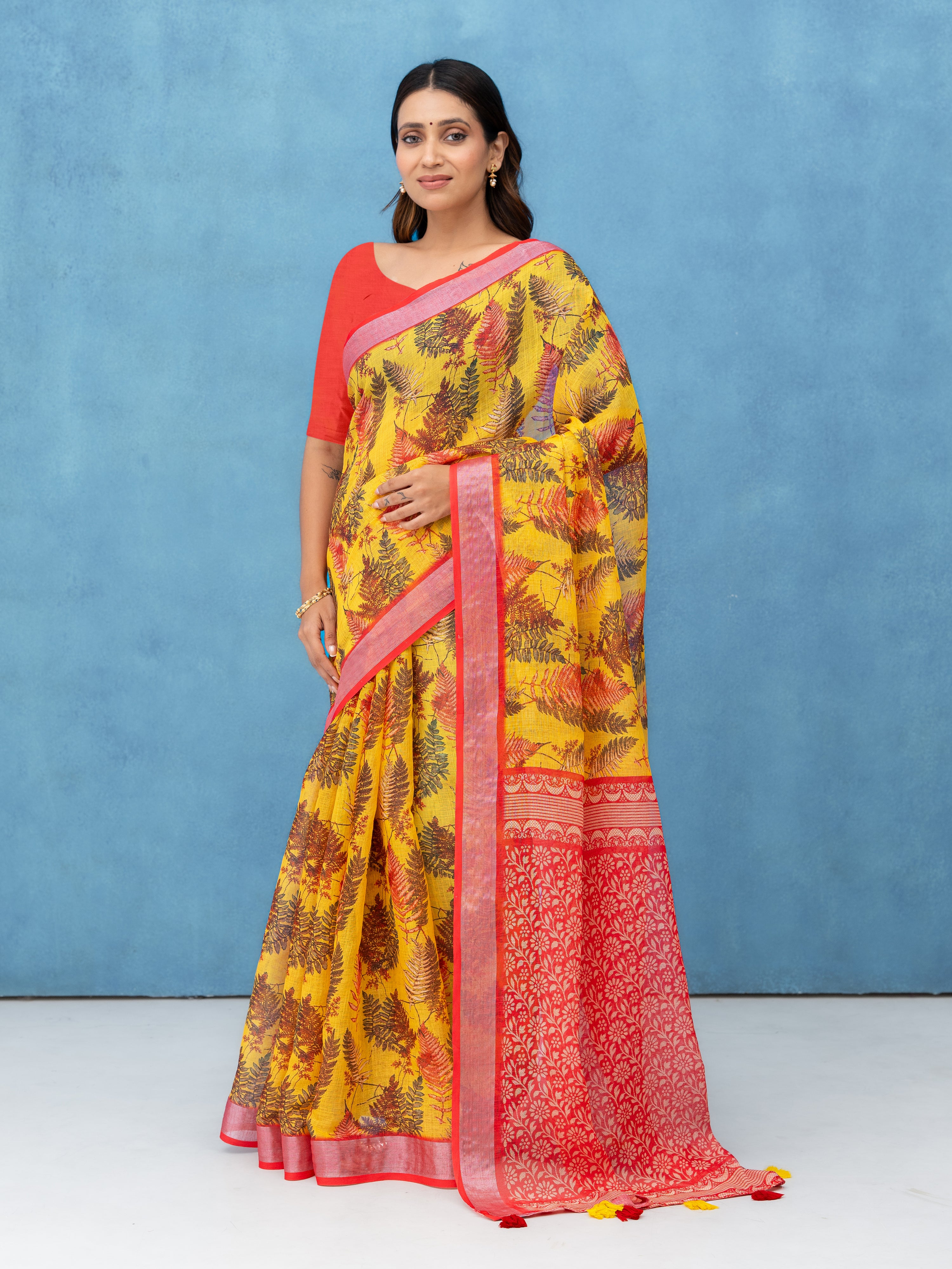 Yellow Cotton Linen Saree