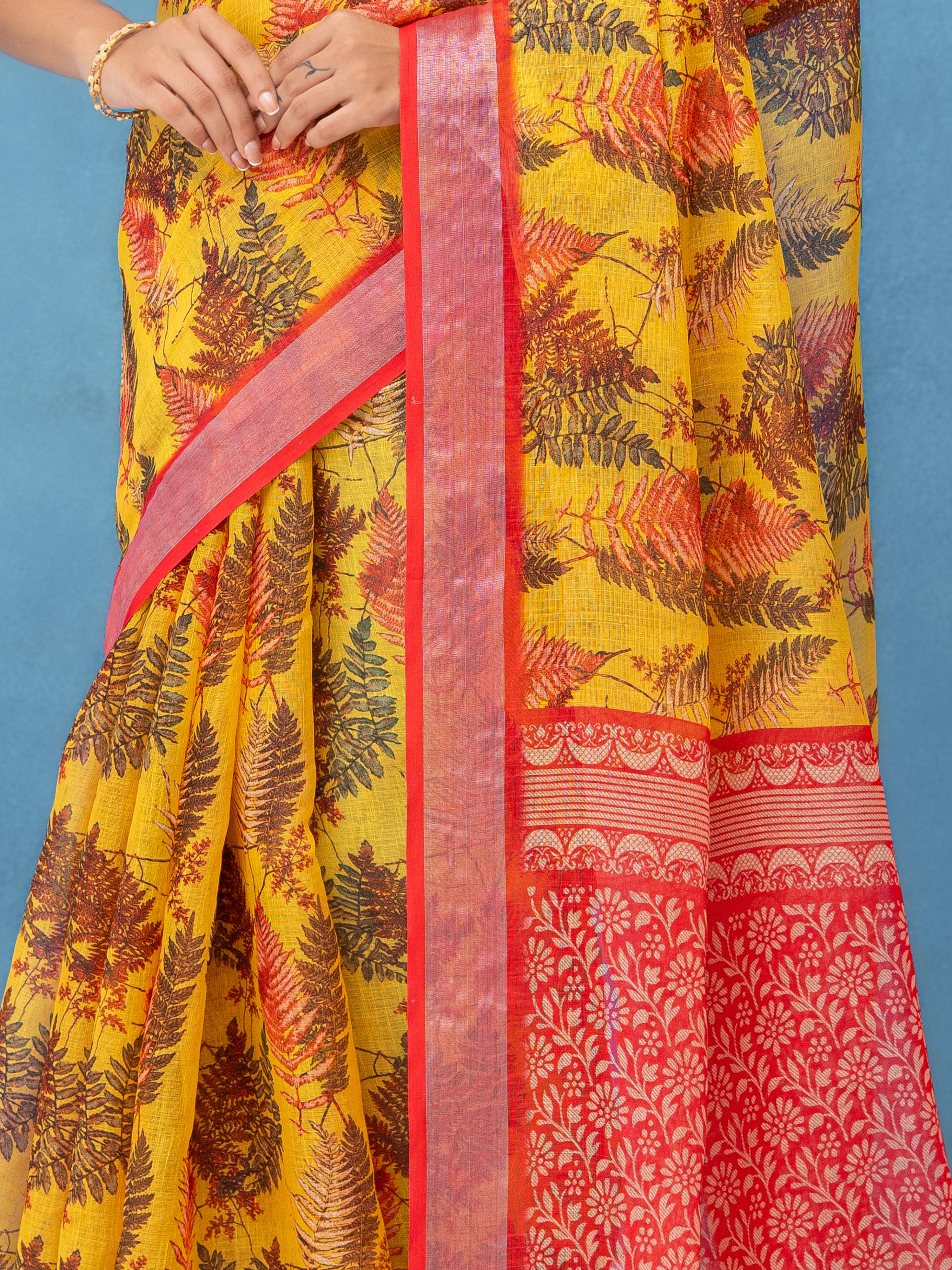 Yellow Cotton Linen Saree
