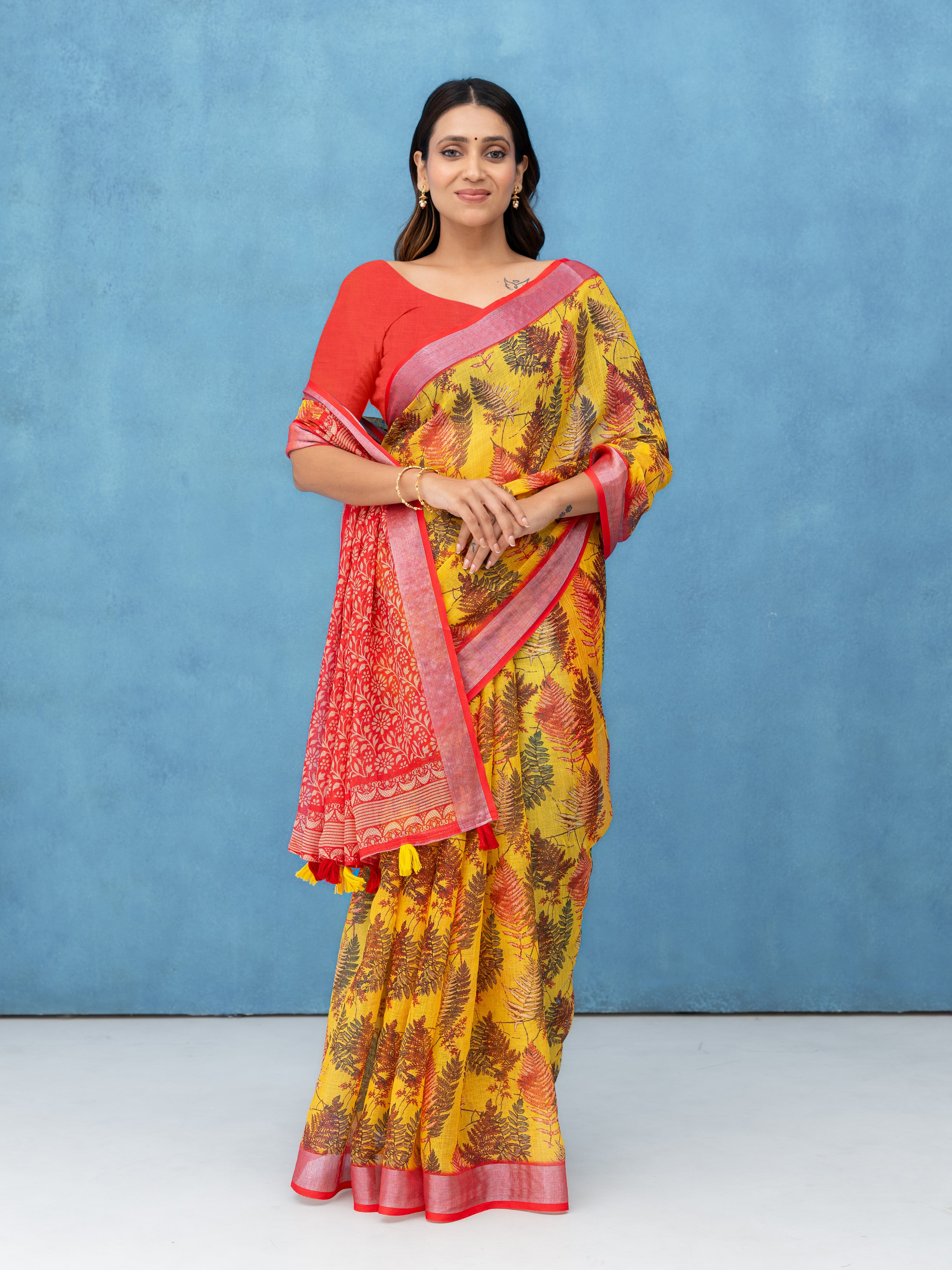 Yellow Cotton Linen Saree