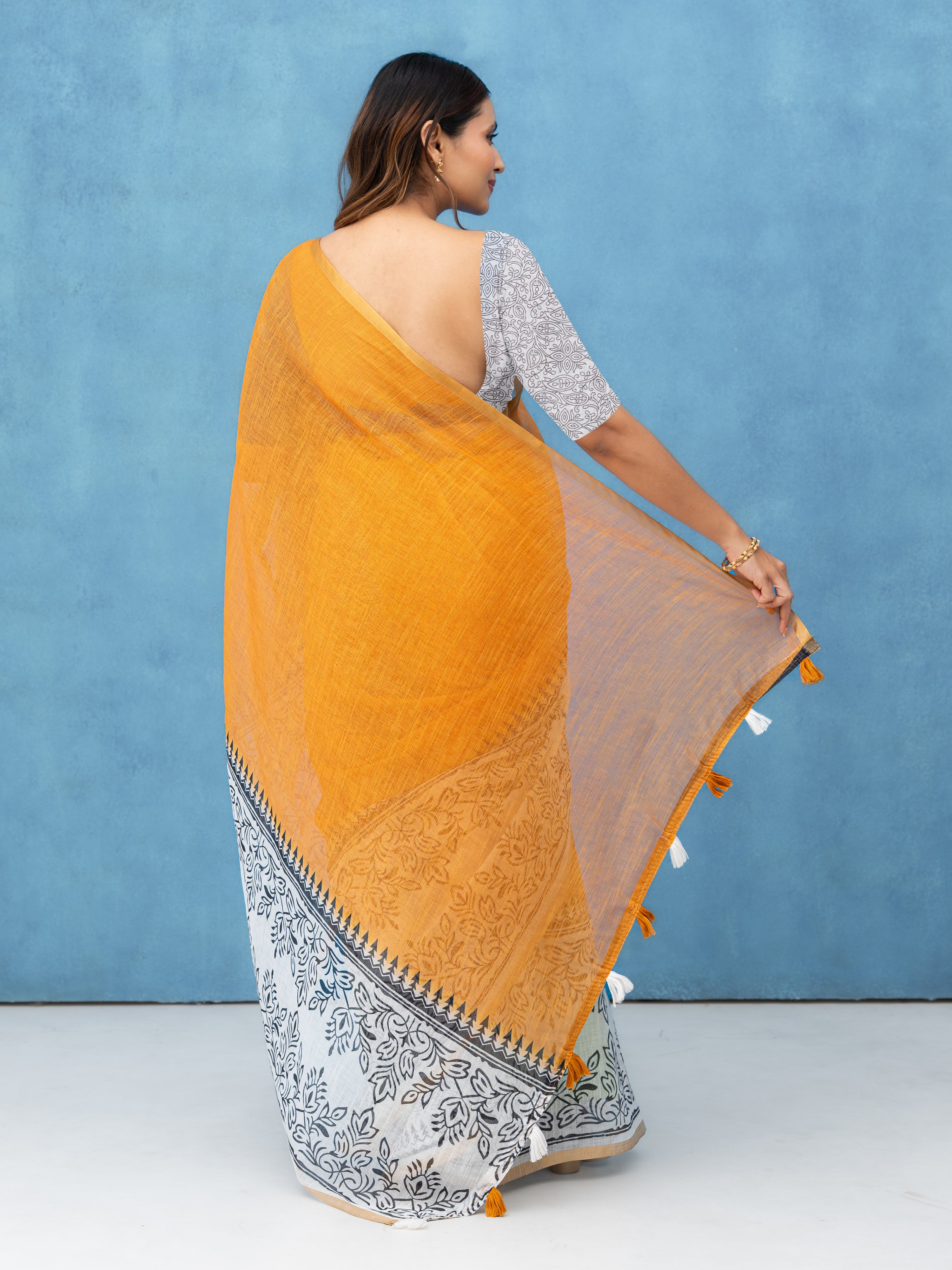 Orange & White Cotton Linen Saree